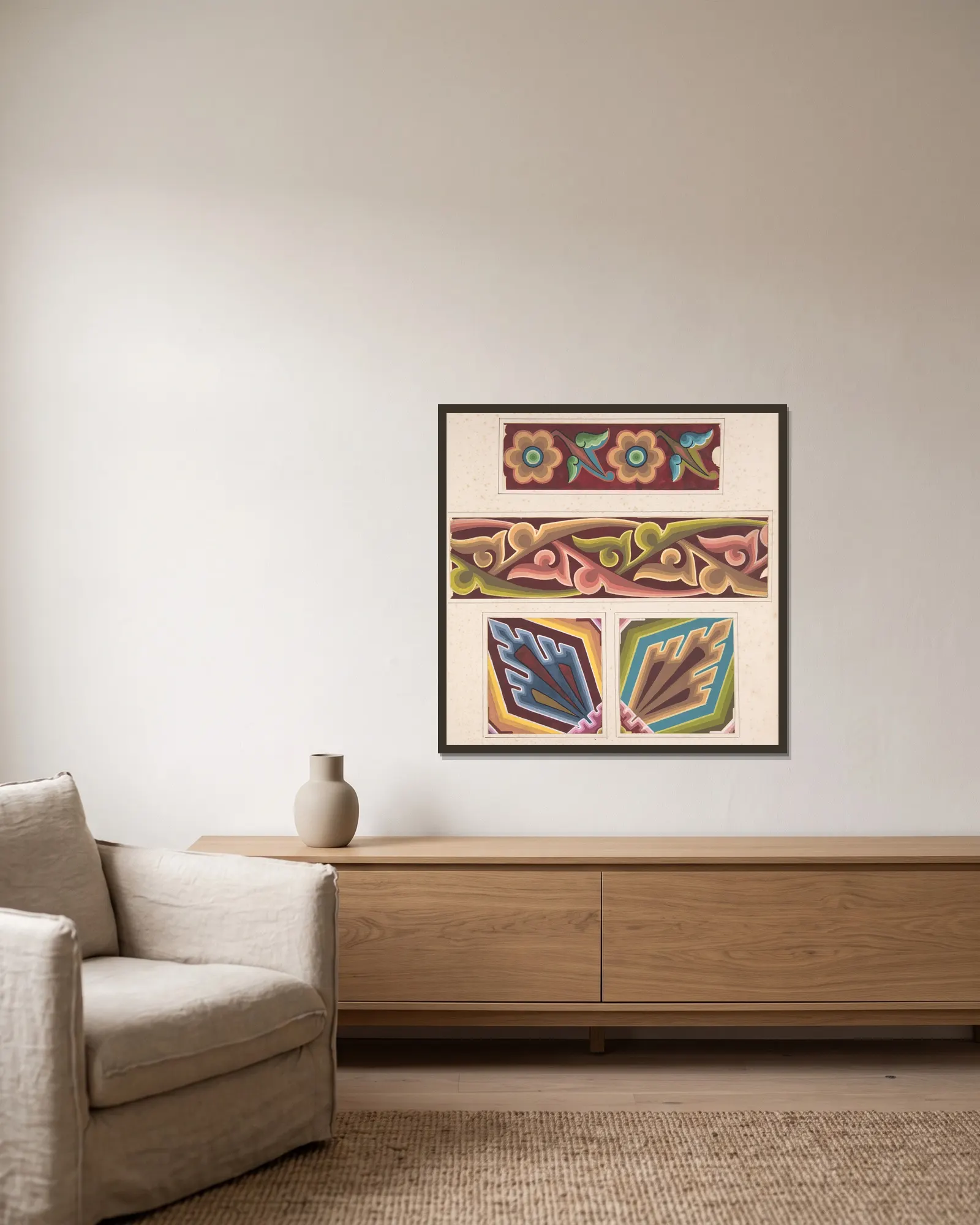 Design drawing av Christopher Dresser inramad på en vägg