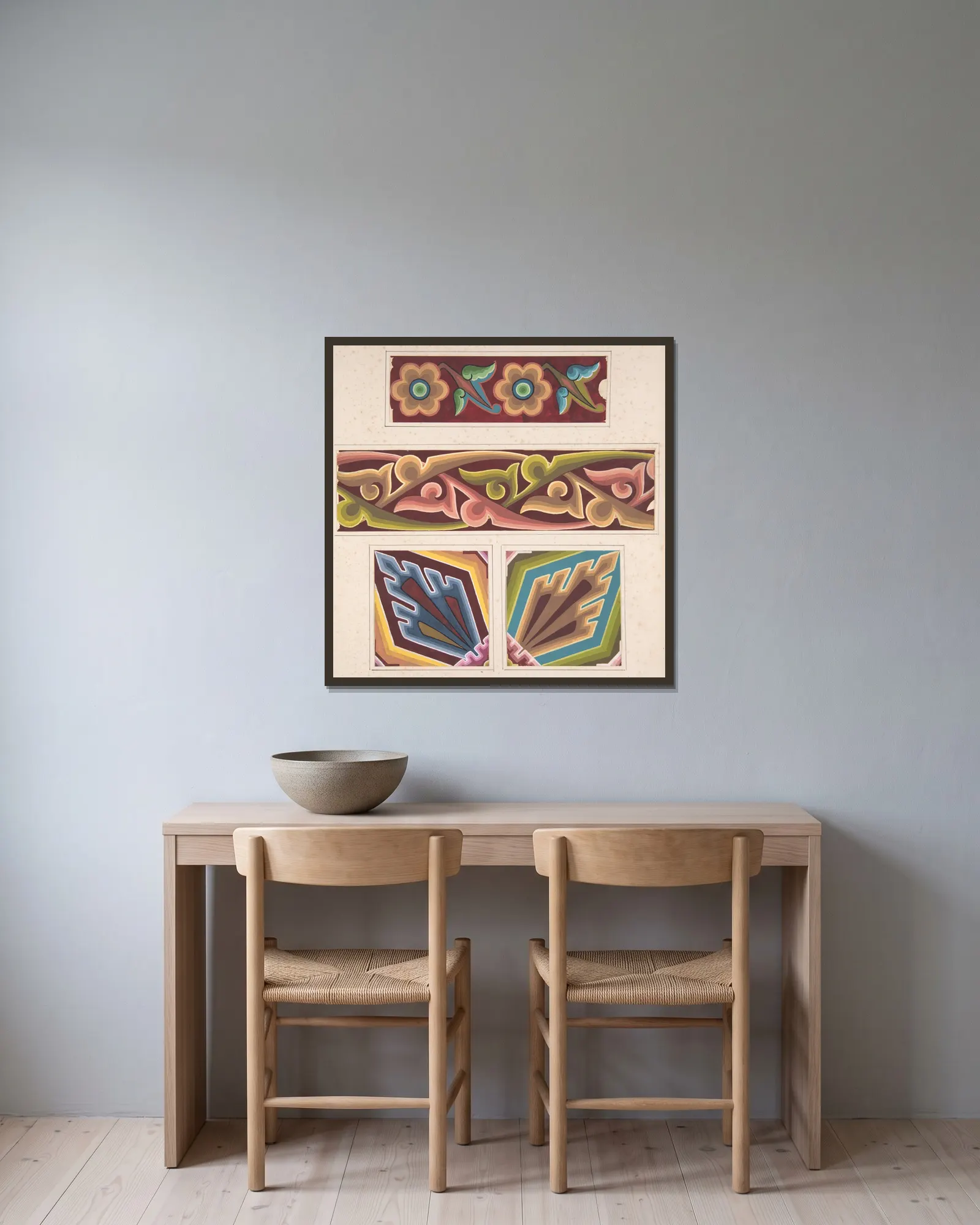 Design drawing av Christopher Dresser inramad på en vägg