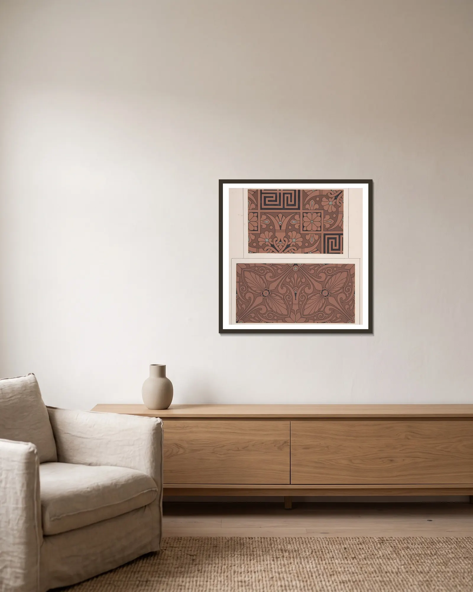Design drawing av Christopher Dresser inramad på en vägg