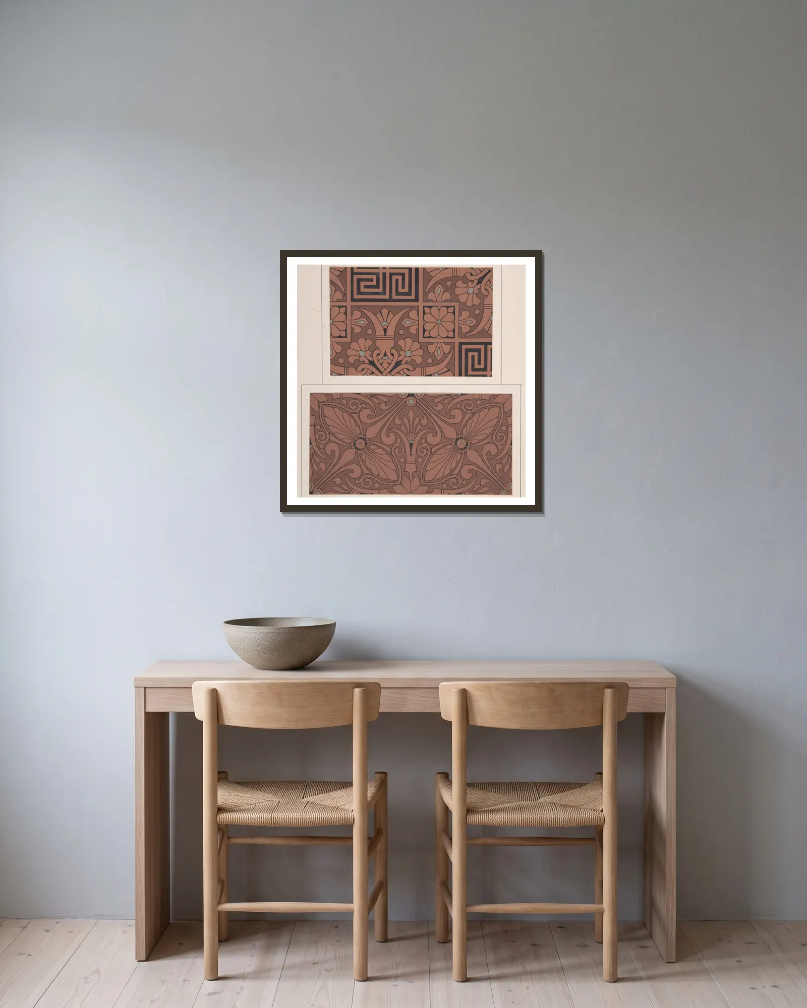 Design drawing av Christopher Dresser inramad på en vägg