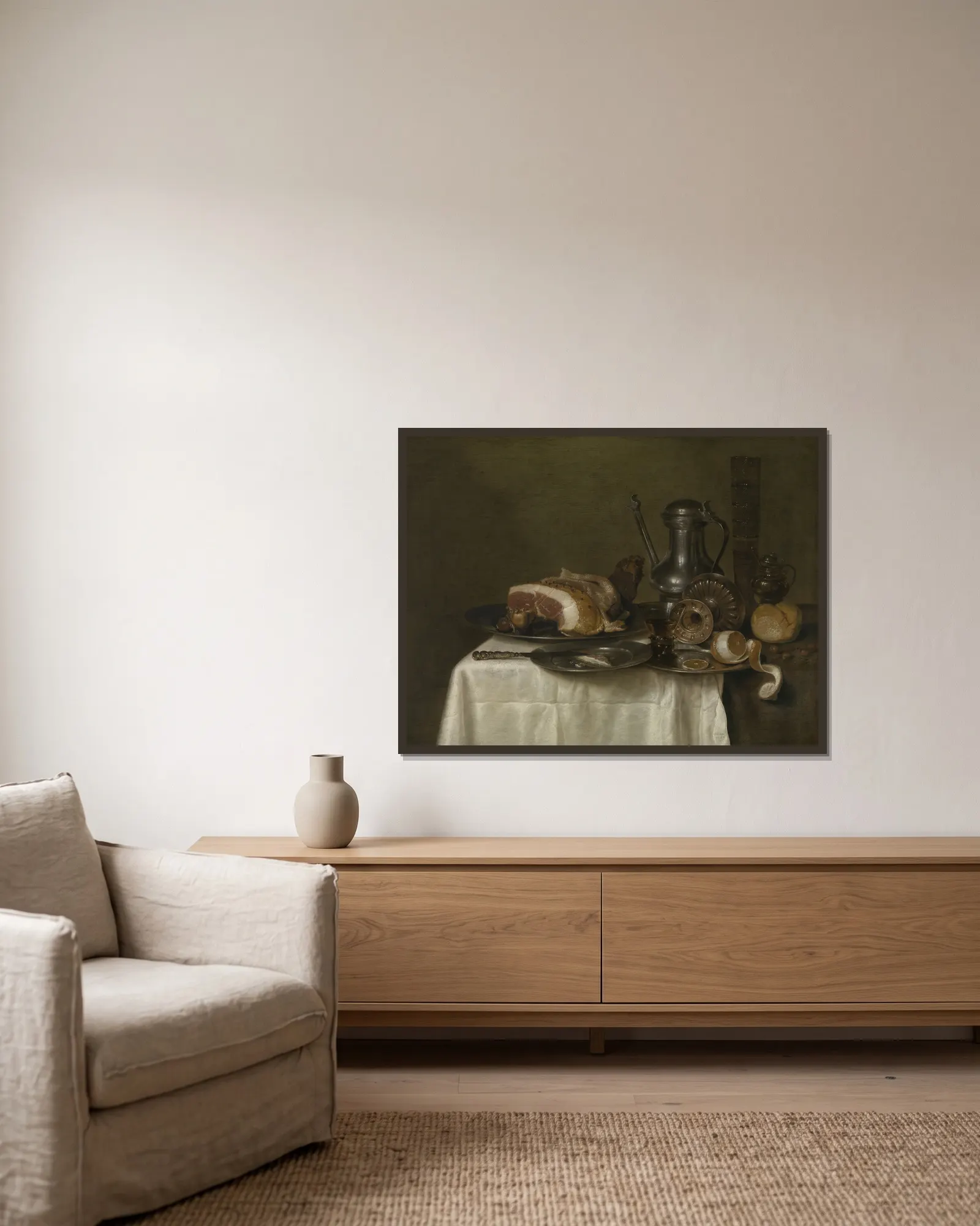 Still life with ham and bread av Willem Claesz Heda inramad på en vägg