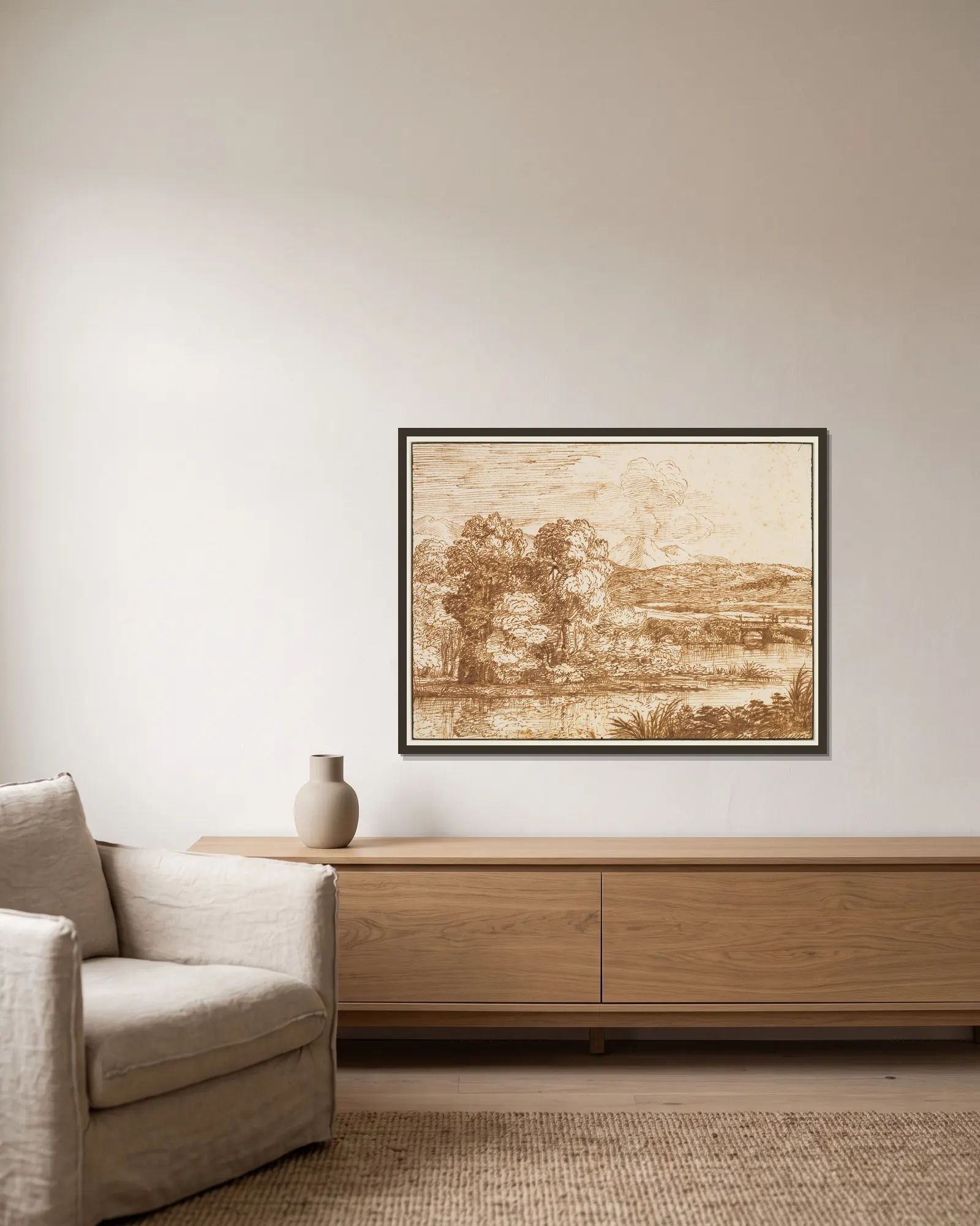 Landschaft mit Baumgruppe am Wasser av Claude Lorrain inramad på en vägg