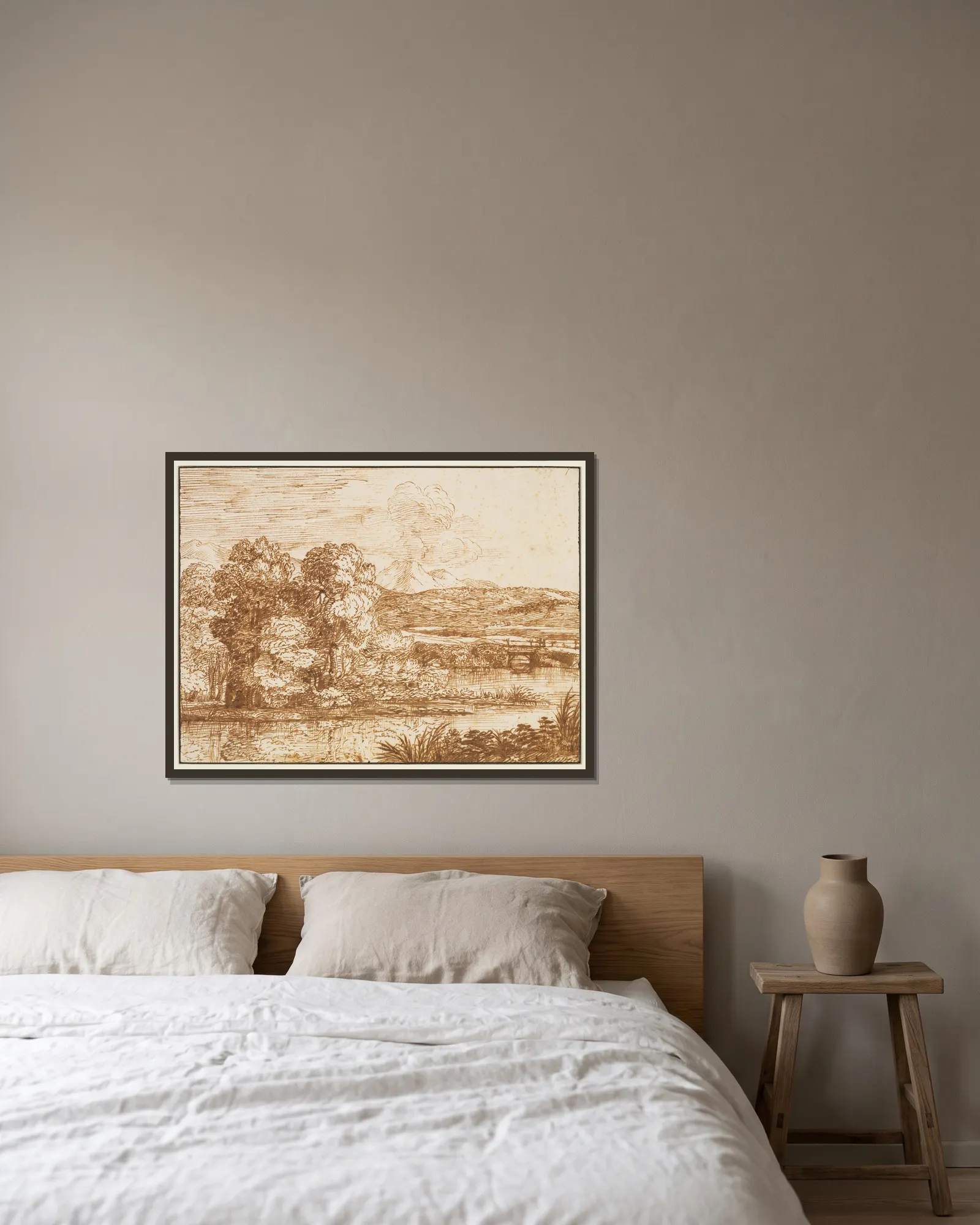 Landschaft mit Baumgruppe am Wasser av Claude Lorrain inramad på en vägg