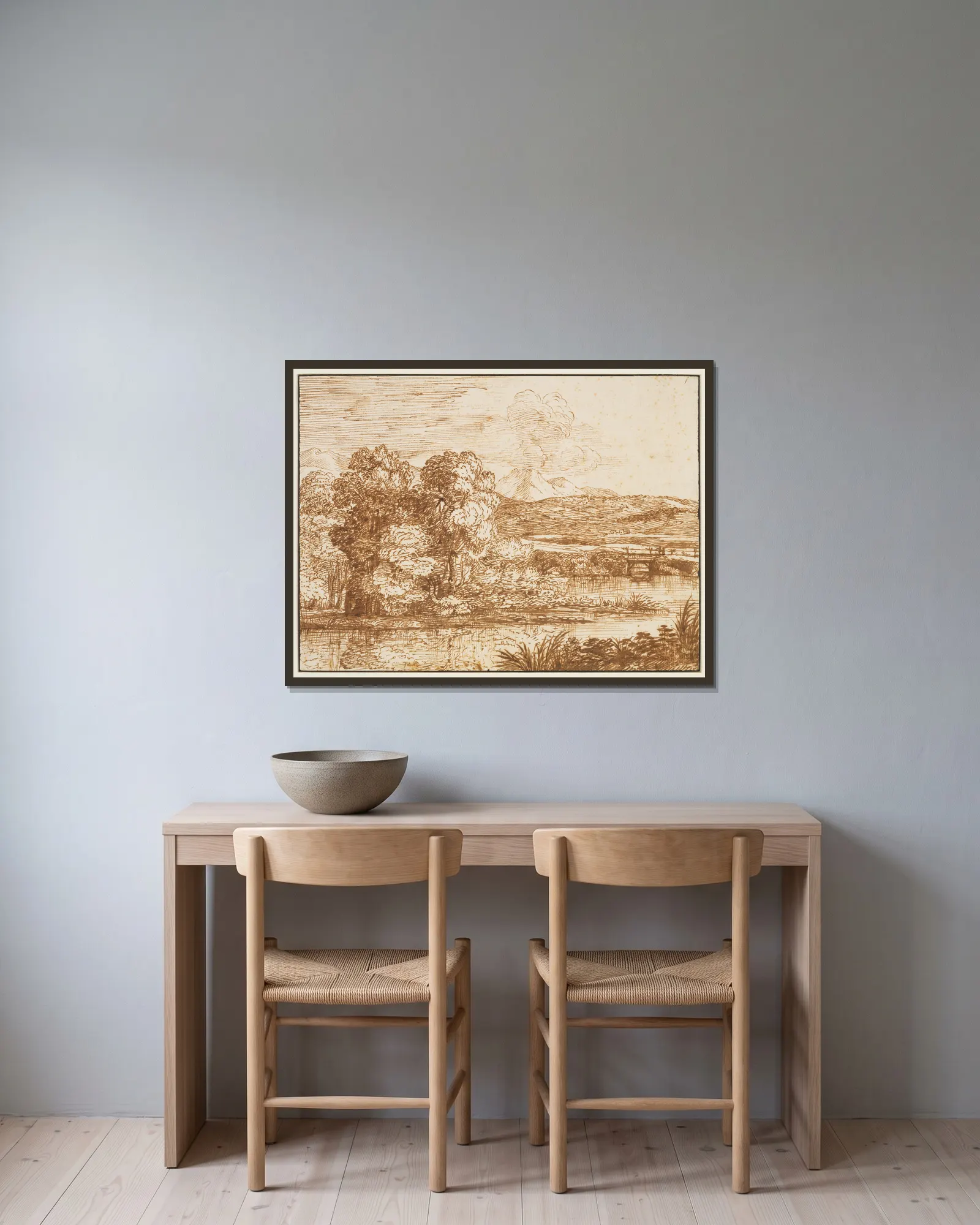 Landschaft mit Baumgruppe am Wasser av Claude Lorrain inramad på en vägg