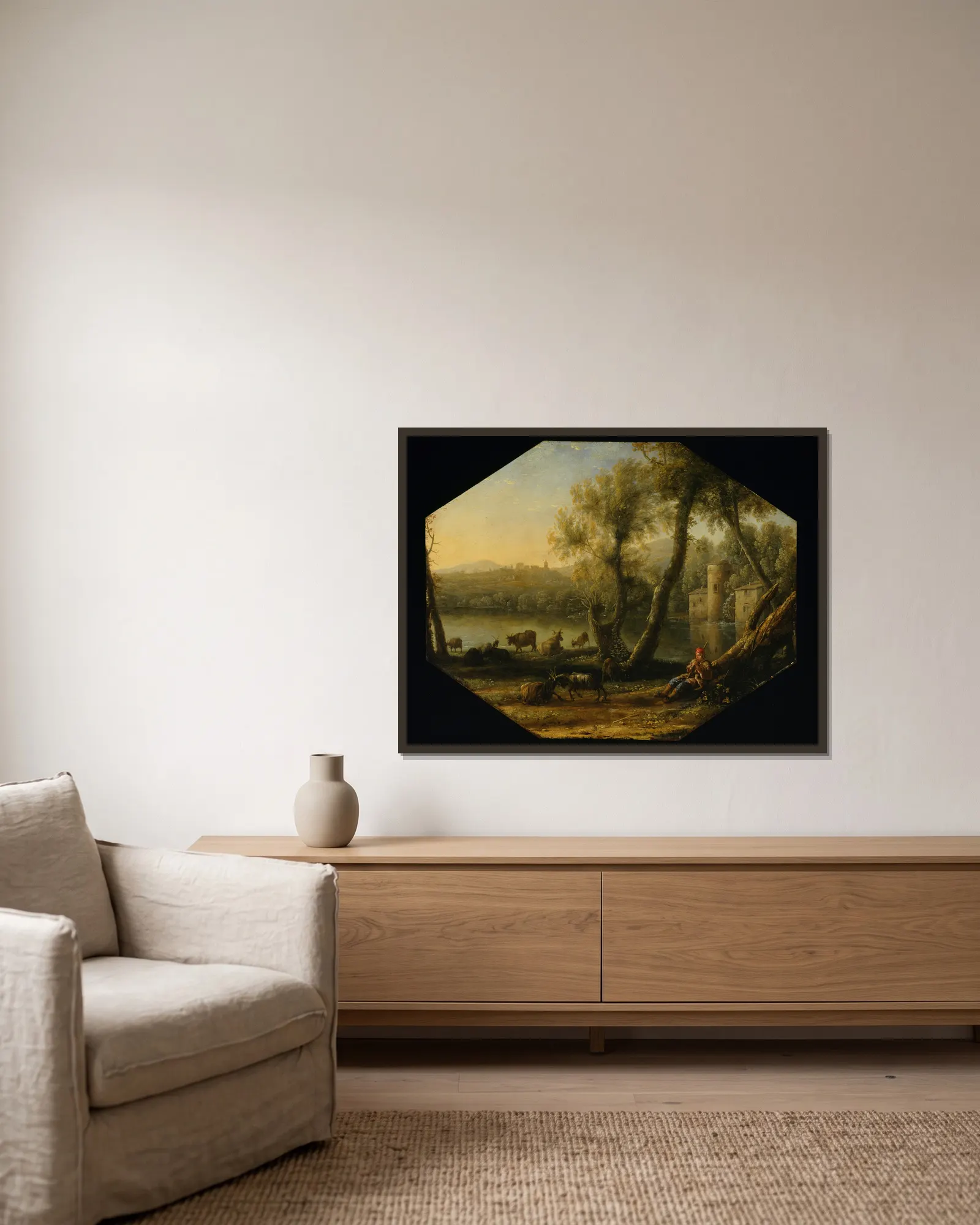 Pastoral landscape (from 1636 until 1637), 1636 av Claude Lorrain inramad på en vägg