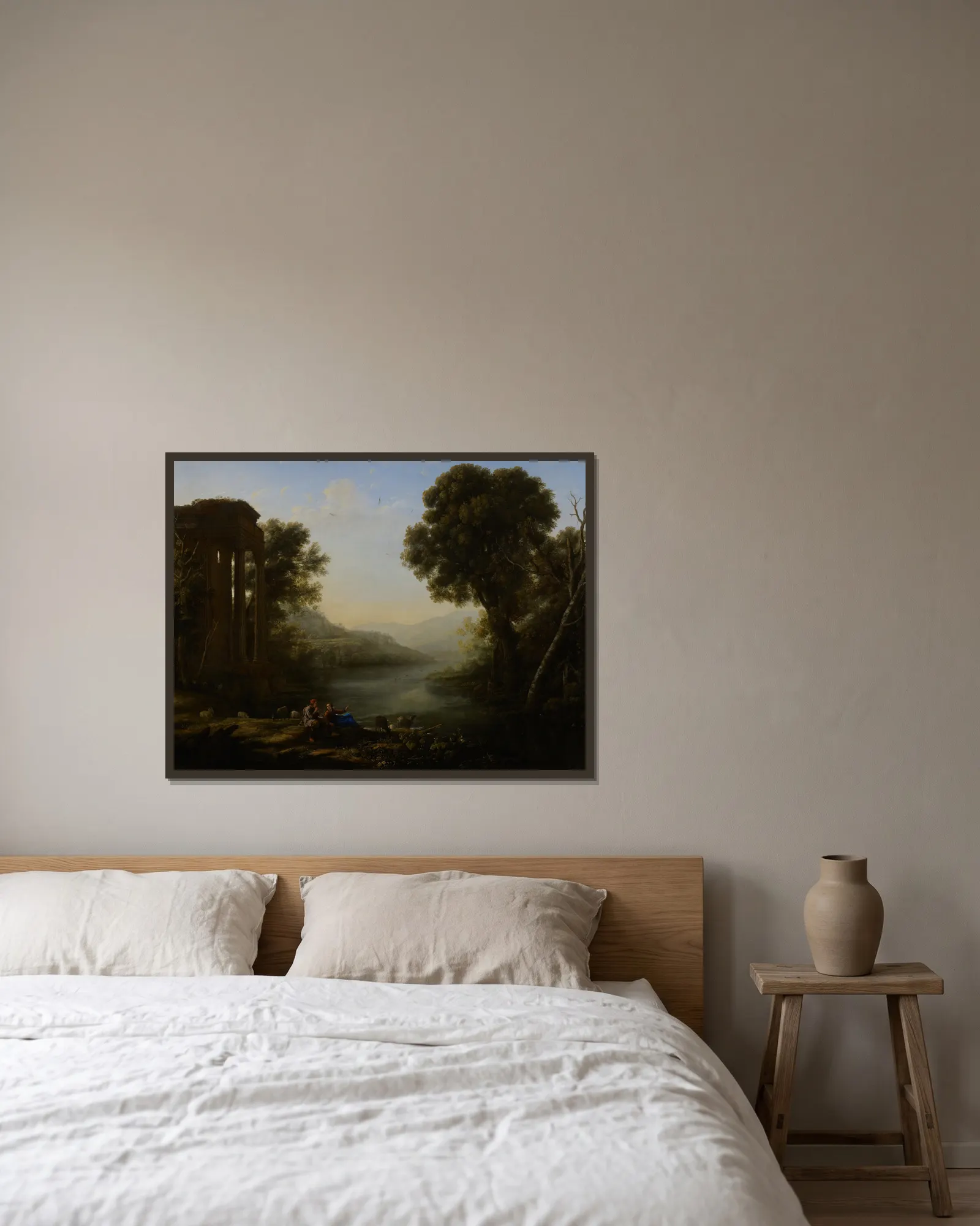 Pastoral Landscape, 1638 av Claude Lorrain inramad på en vägg