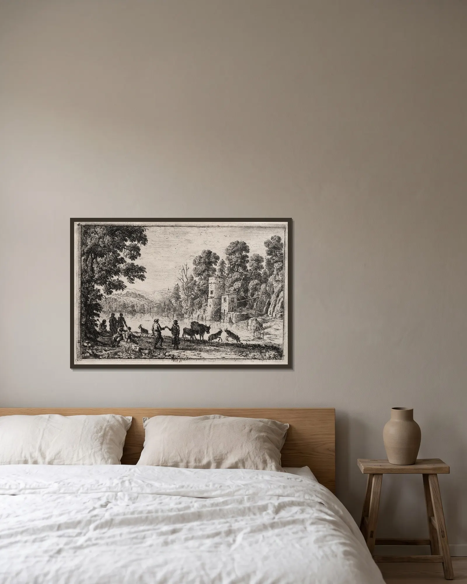 The Dance by the River av Claude Lorrain inramad på en vägg