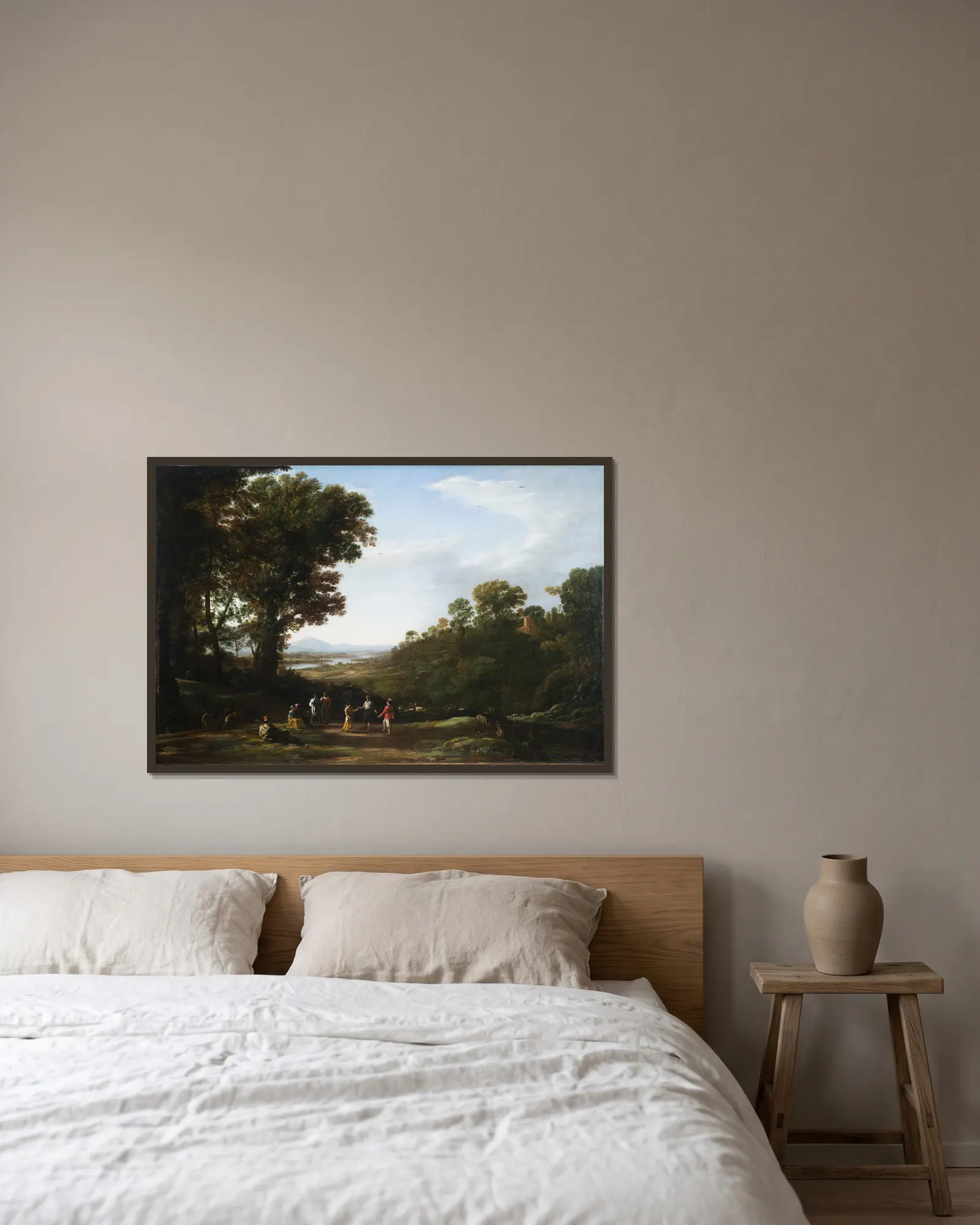 Villagers Dancing av Claude Lorrain inramad på en vägg