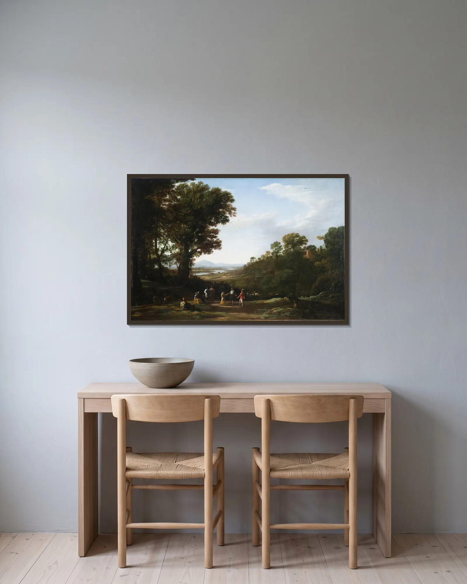 Villagers Dancing av Claude Lorrain inramad på en vägg