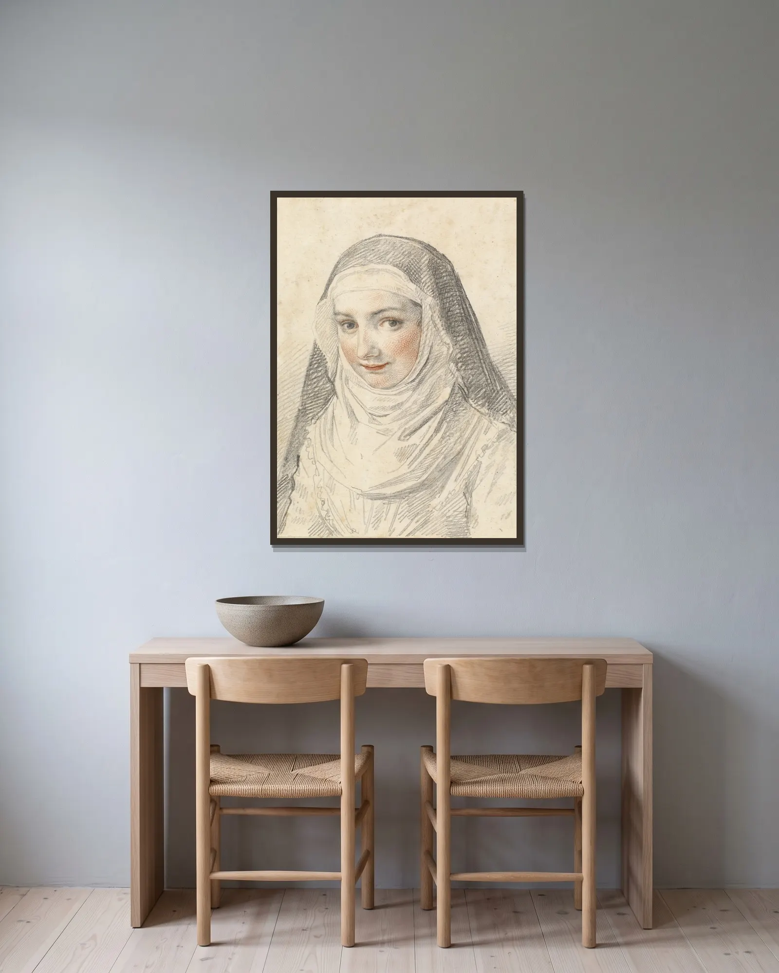 A Young Nun av Claude Mellan inramad på en vägg
