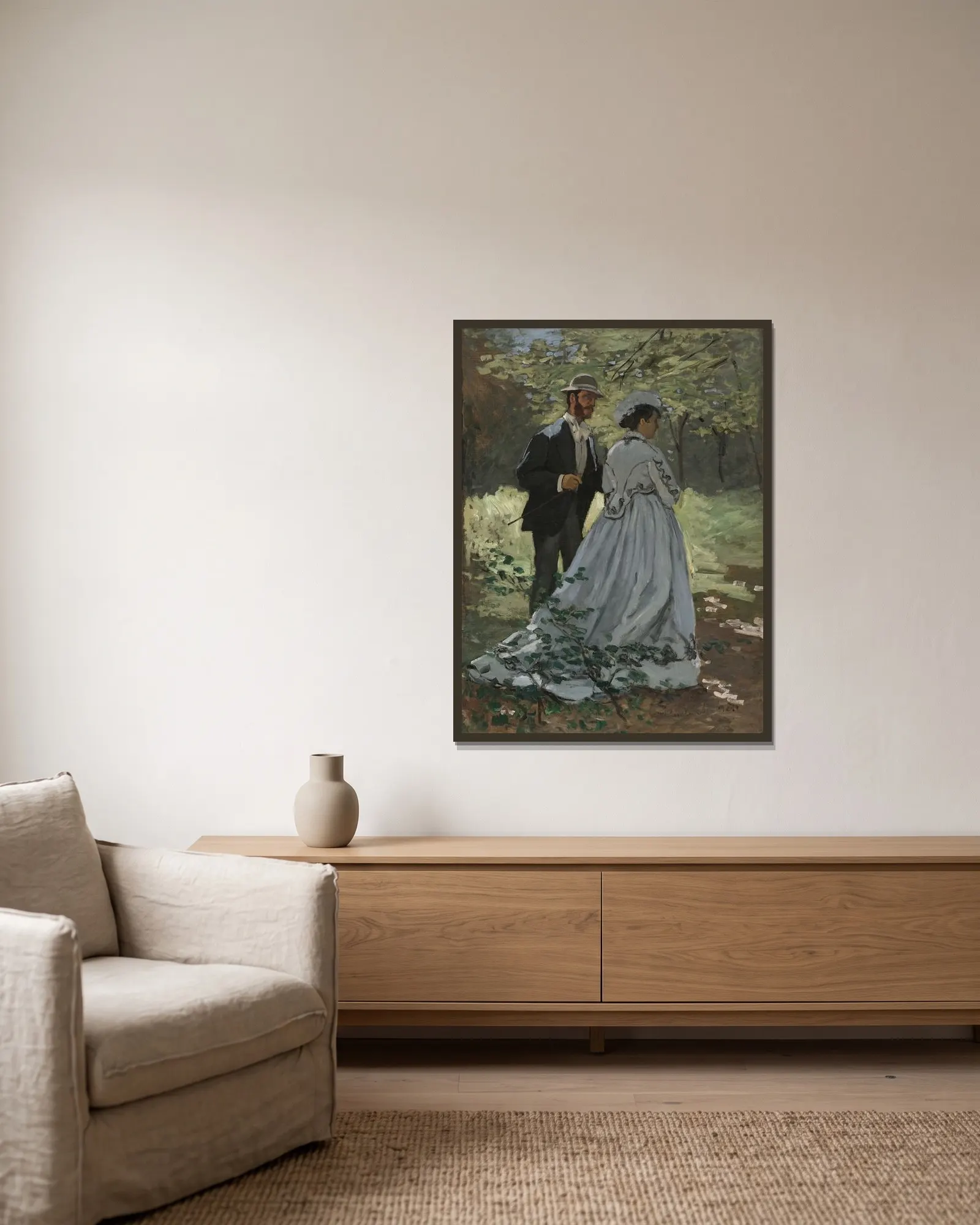 Bazille and Camille (Study for Déjeuner sur l’Herbe ) av Claude Monet inramad på en vägg