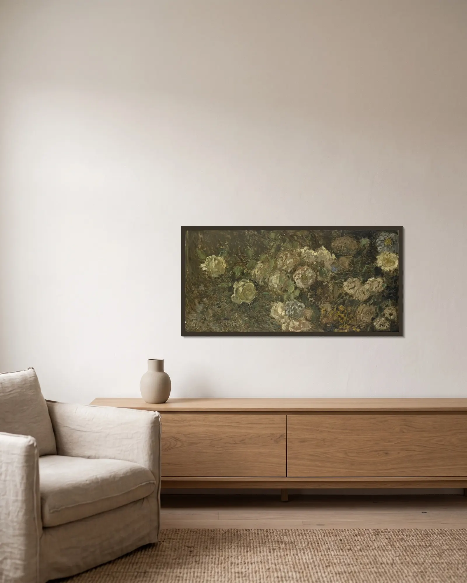 Bloemen av Claude Monet inramad på en vägg