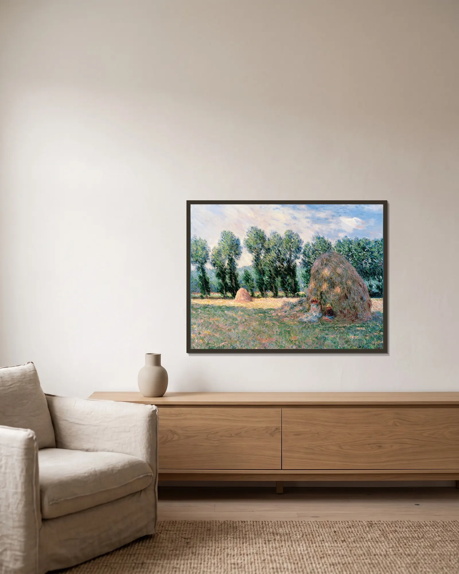 Haystacks av Claude Monet inramad på en vägg