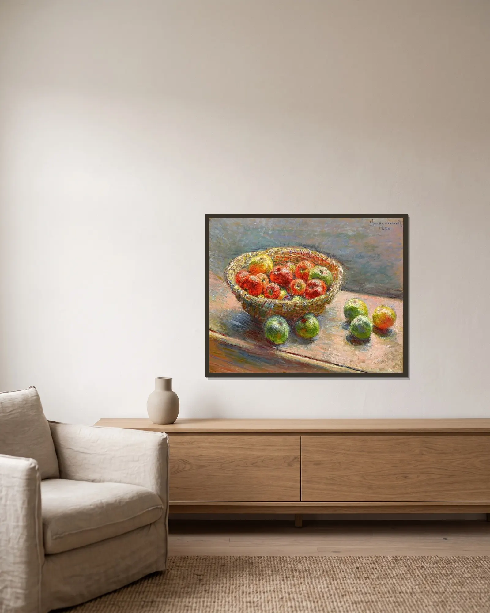 Le panier de pommes av Claude Monet inramad på en vägg