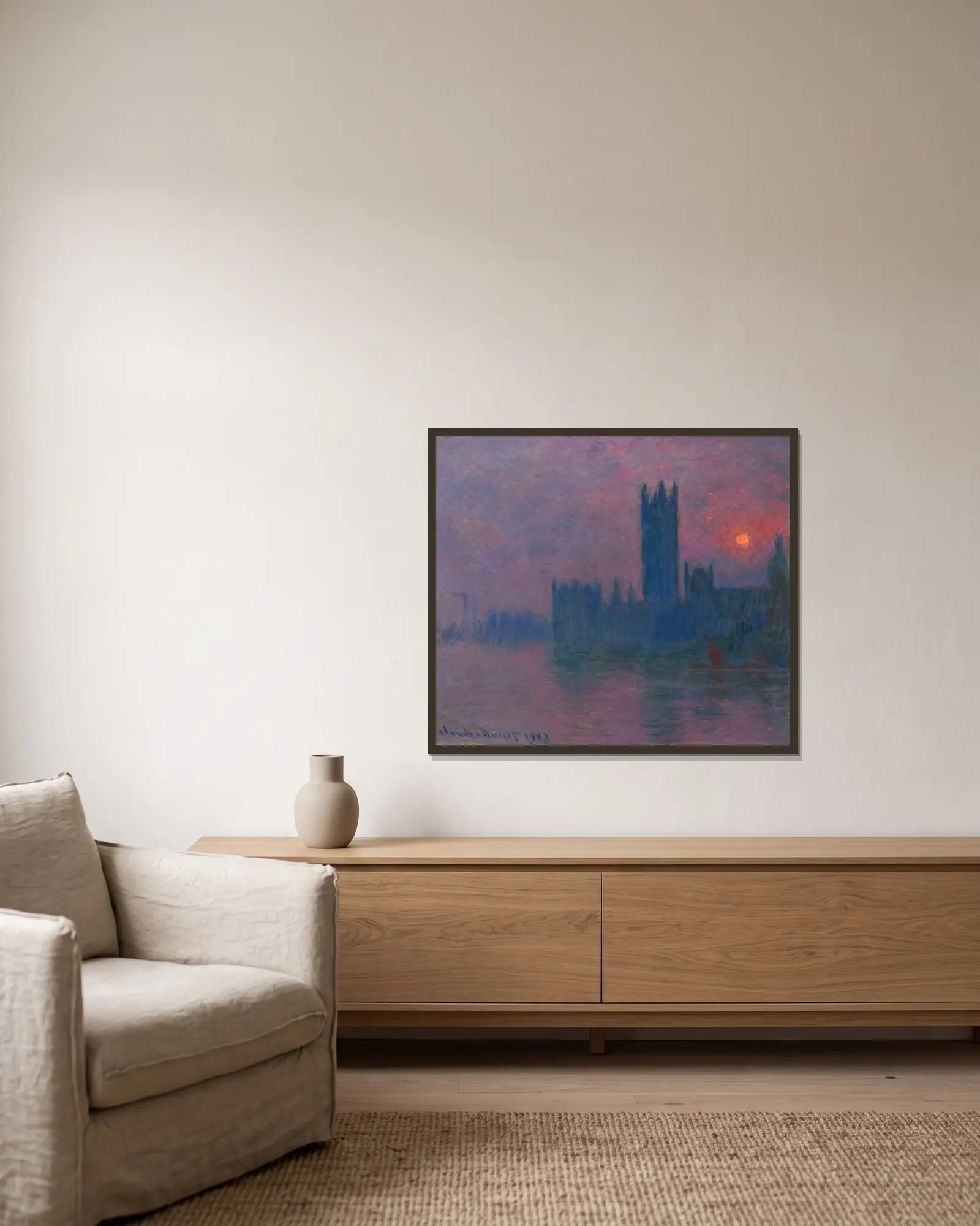 Le Parlement, soleil couchant av Claude Monet inramad på en vägg