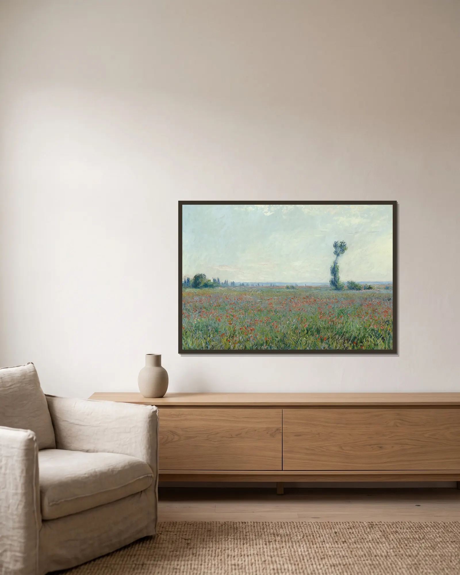 Poppy Field 2 av Claude Monet inramad på en vägg
