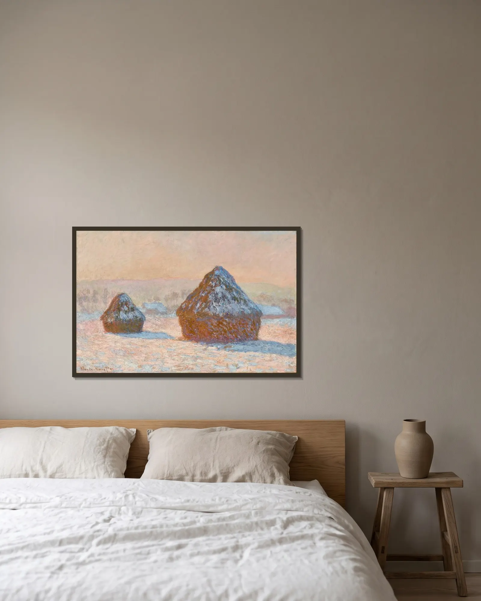 Wheatstacks, Snow Effect, Morning av Claude Monet inramad på en vägg