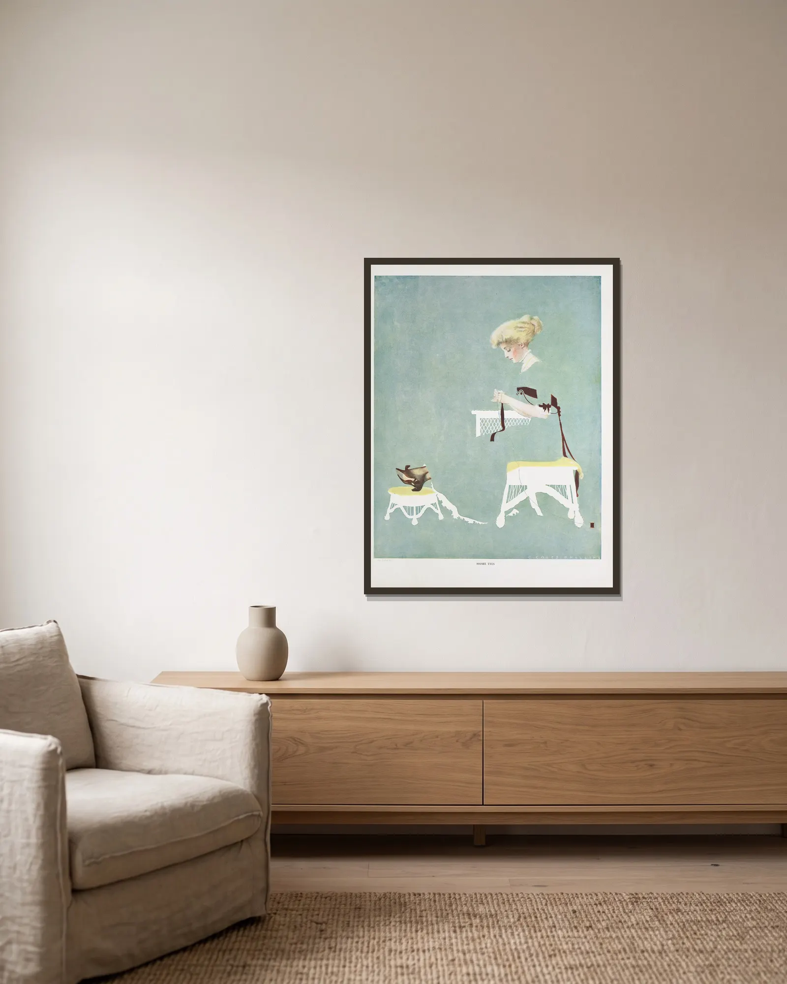 Home ties av Coles Phillips inramad på en vägg