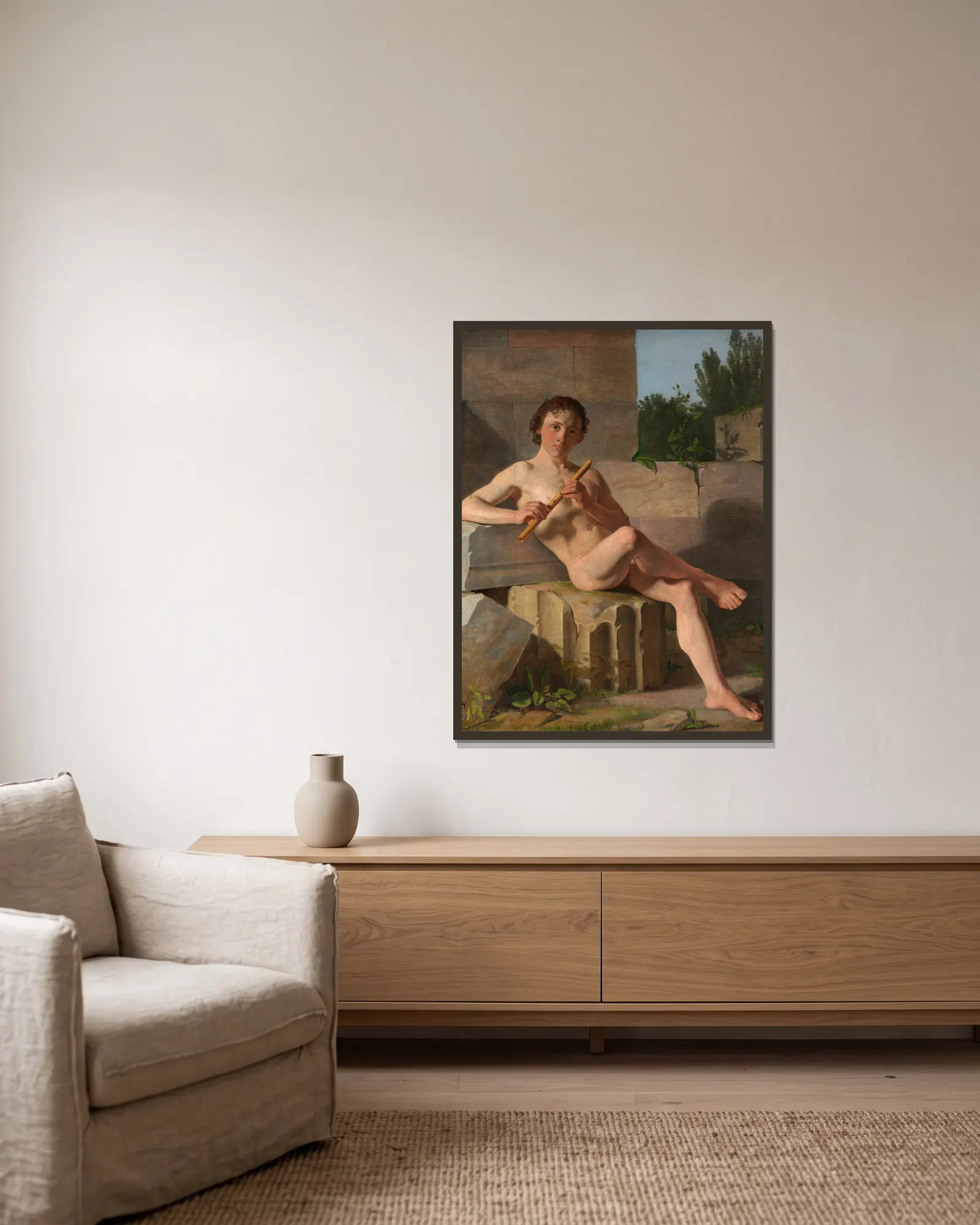 A Male Model Playing Flute (from 1826 until 1827) av Constantin Hansen inramad på en vägg