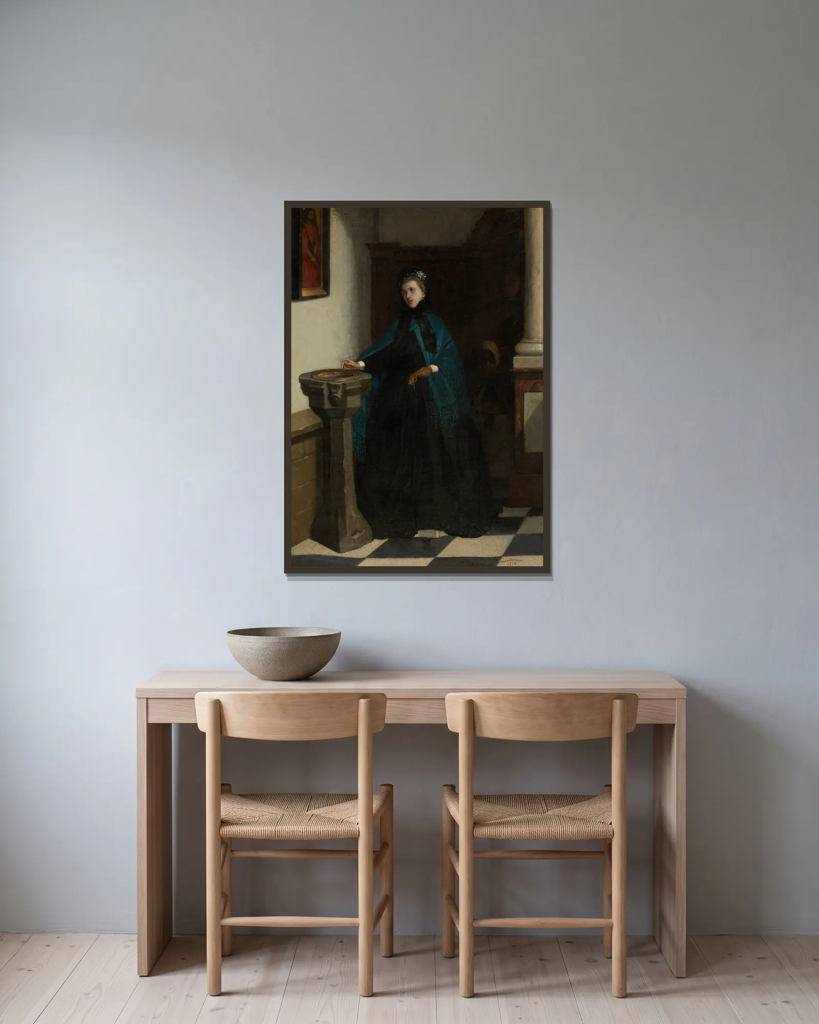 Holy-Water Font av Constantin Meunier inramad på en vägg