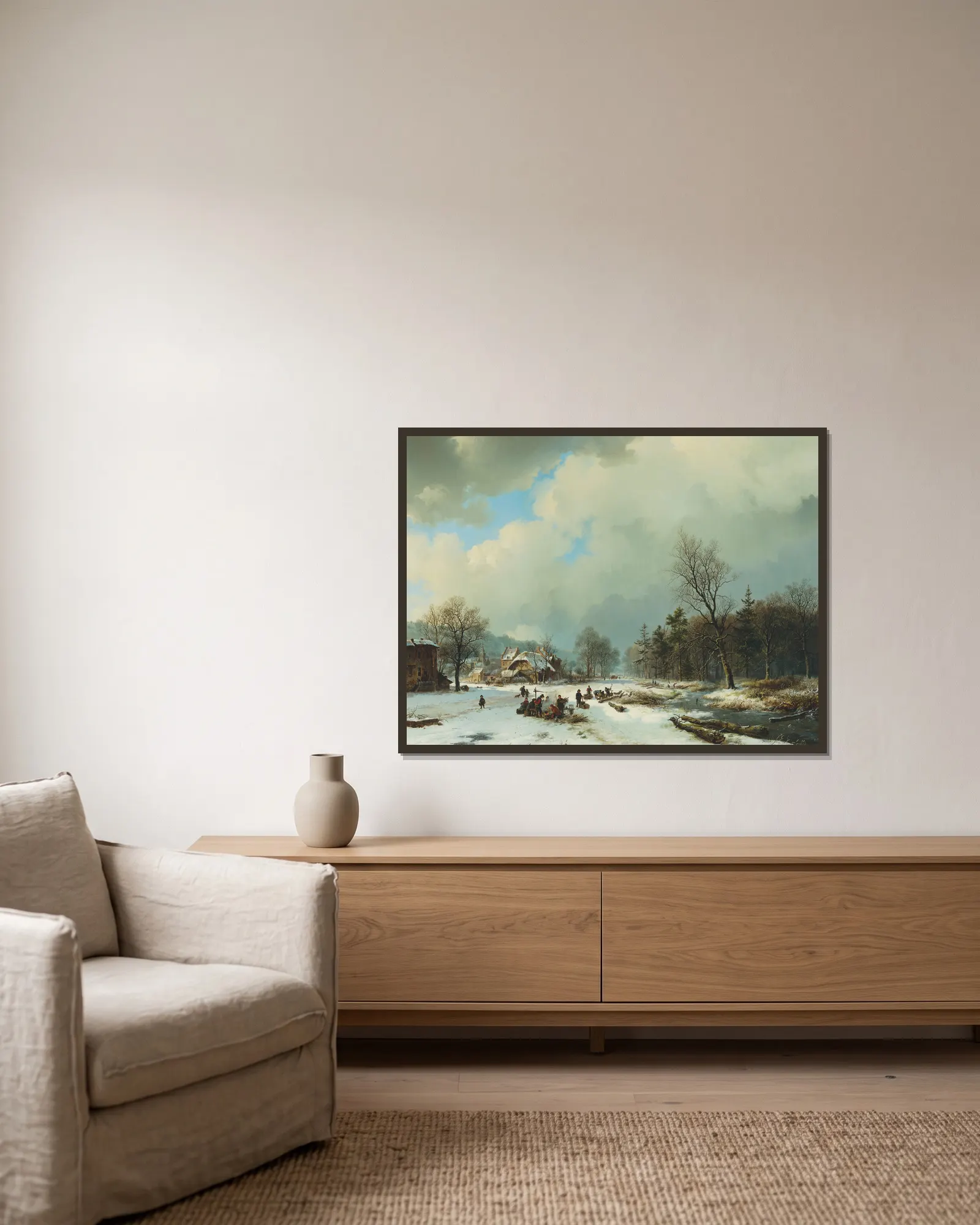 Winter scene av Barend Cornelis Koekkoek inramad på en vägg