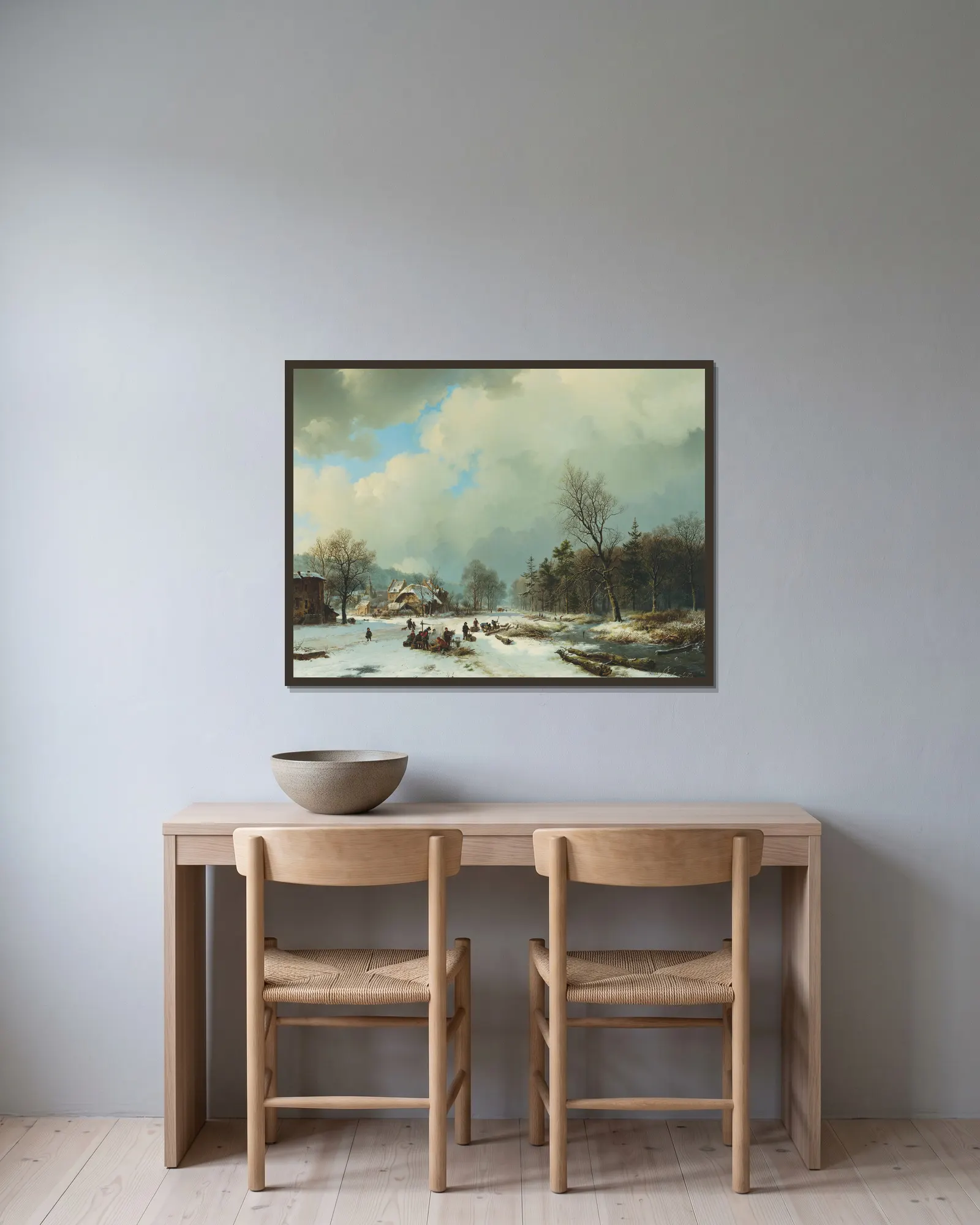 Winter scene av Barend Cornelis Koekkoek inramad på en vägg