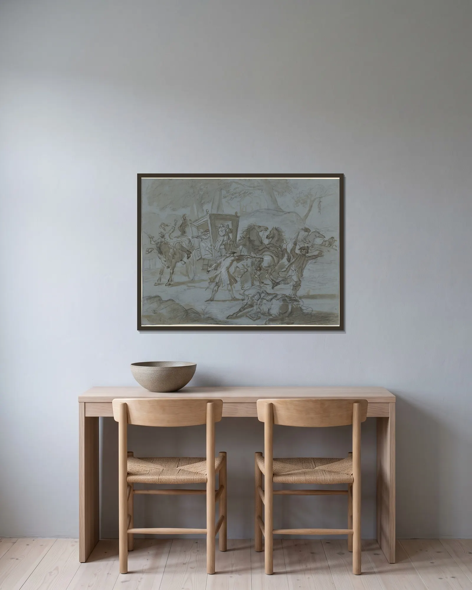Roofoverval op een koets av Cornelis Troost inramad på en vägg