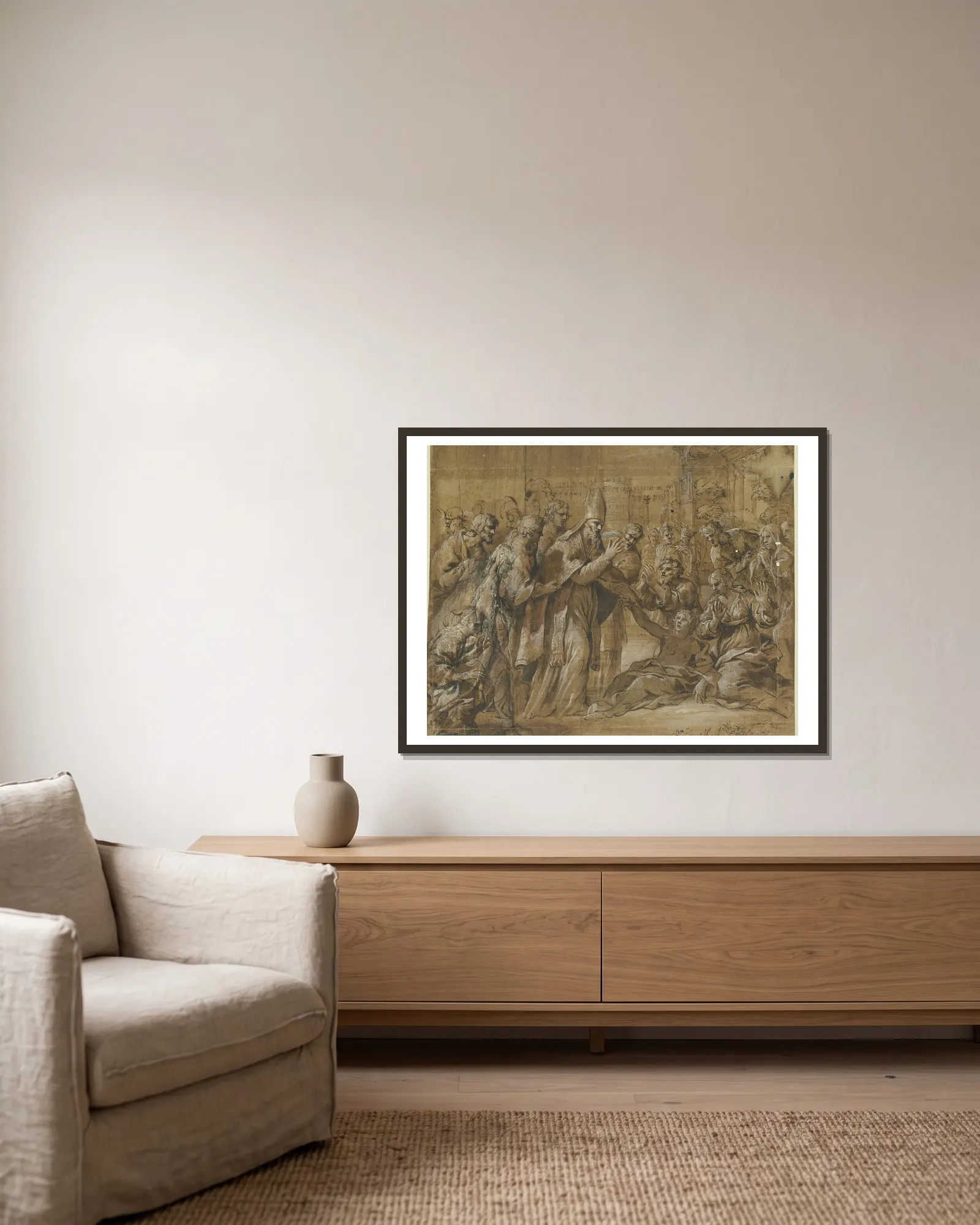 Heilung eines Kranken durch einen Bischof av Pietro da Cortona inramad på en vägg