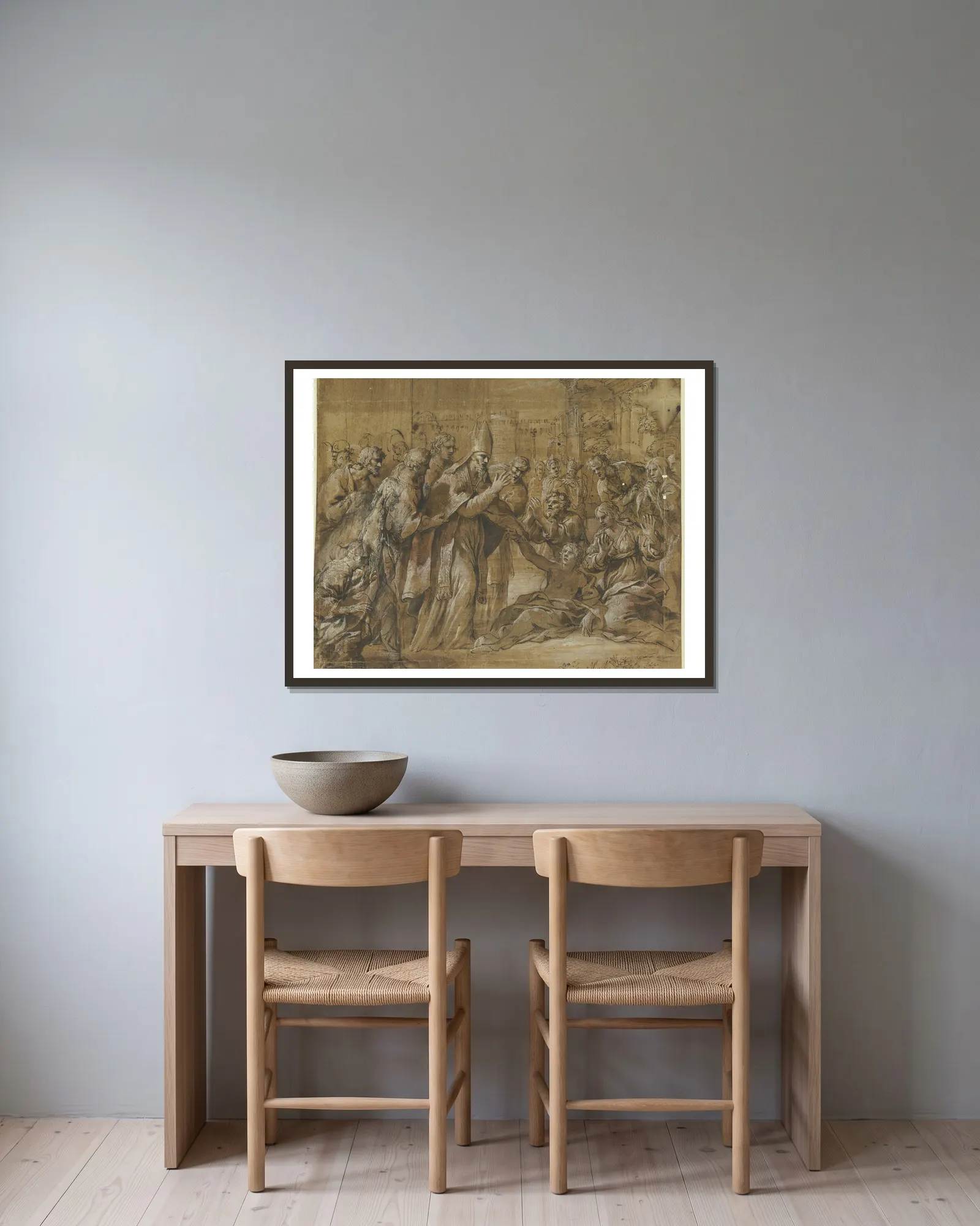 Heilung eines Kranken durch einen Bischof av Pietro da Cortona inramad på en vägg