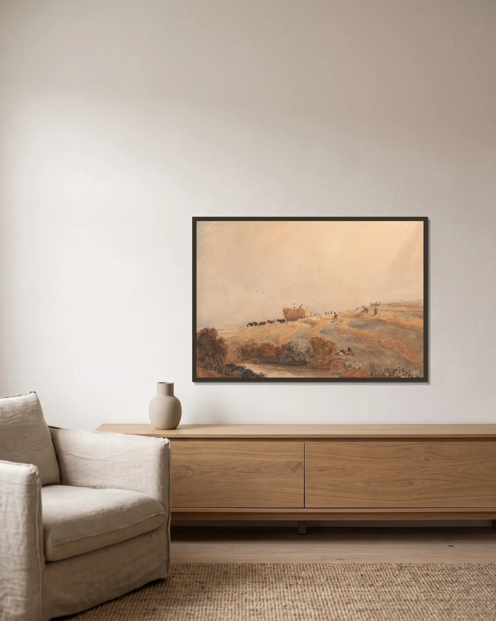 Haymaking av David Cox inramad på en vägg