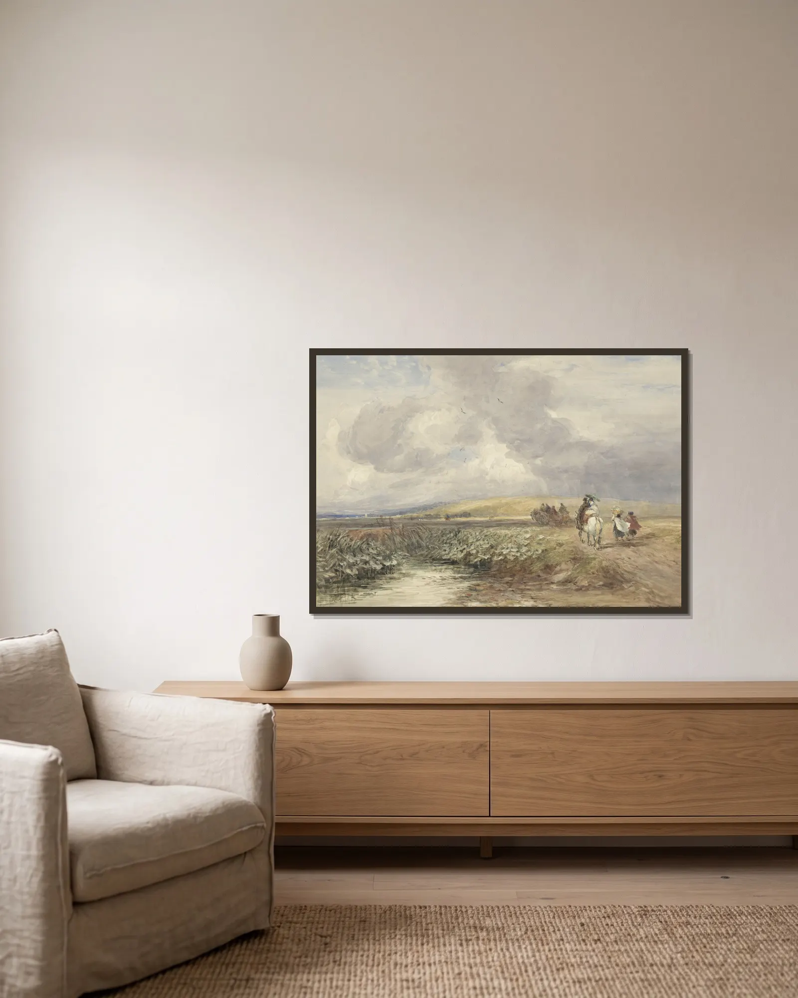 Landschap met reizigers av David Cox inramad på en vägg