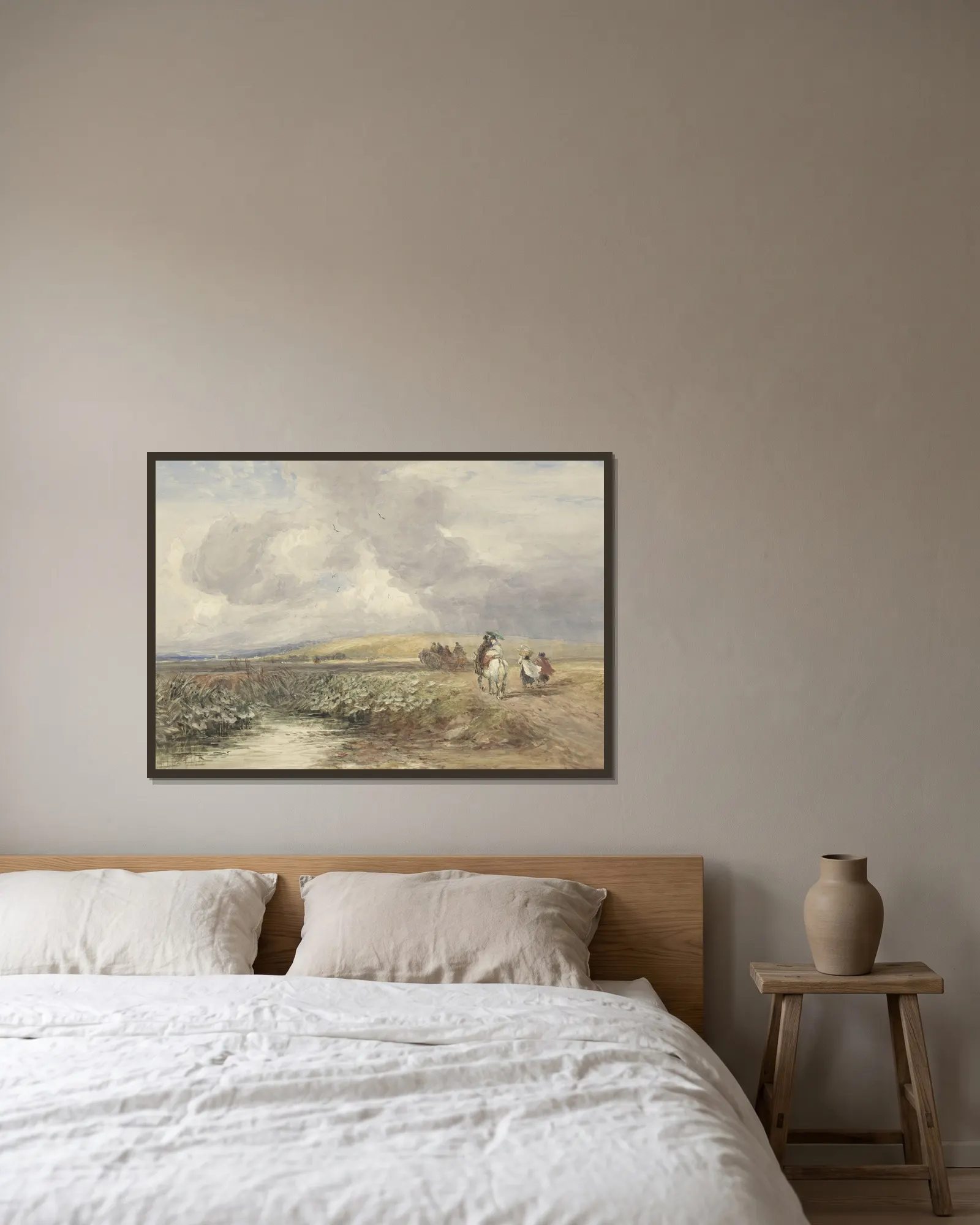 Landschap met reizigers av David Cox inramad på en vägg