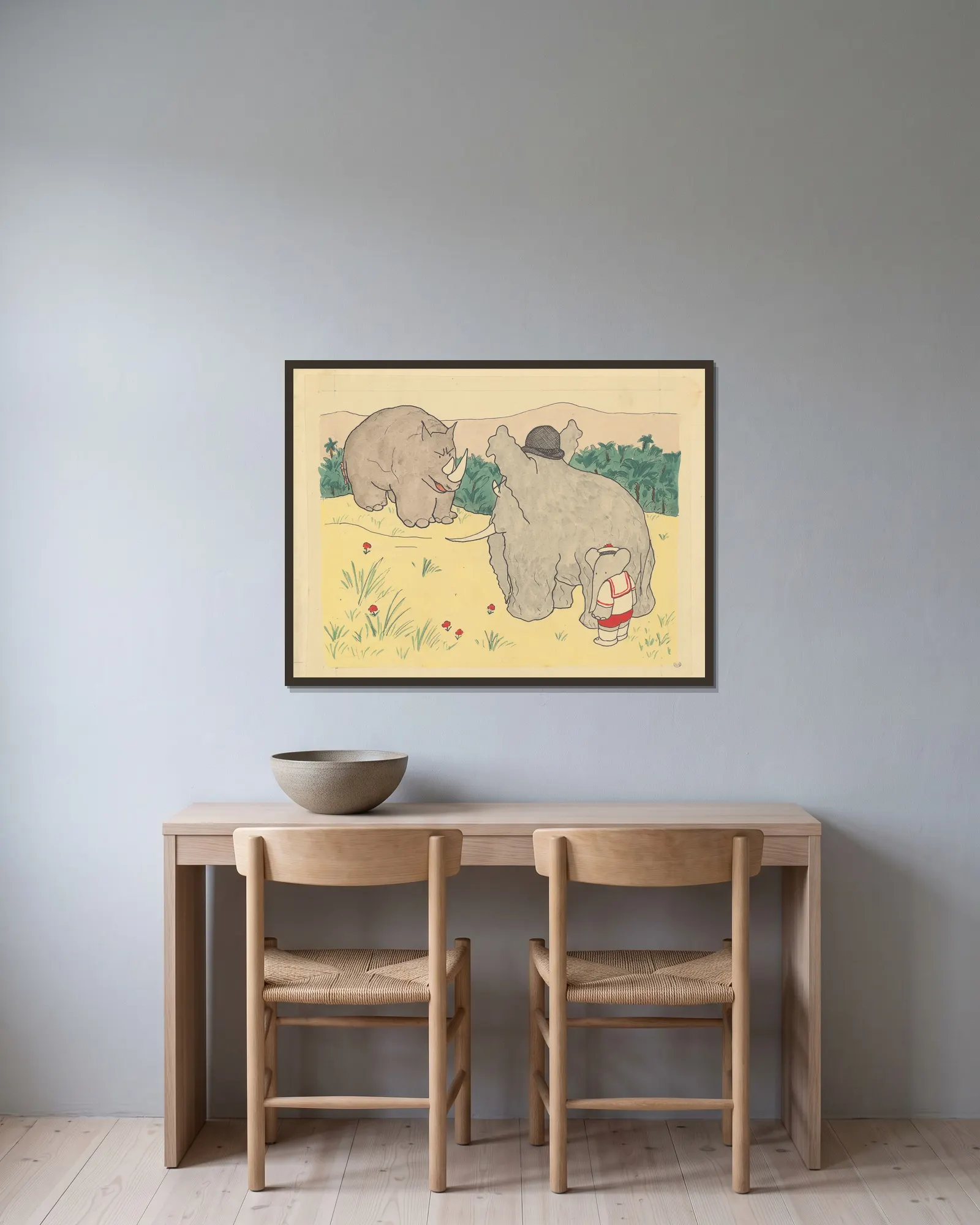 Le voyage de Babar Pl.13 av Jean de Brunhoff inramad på en vägg