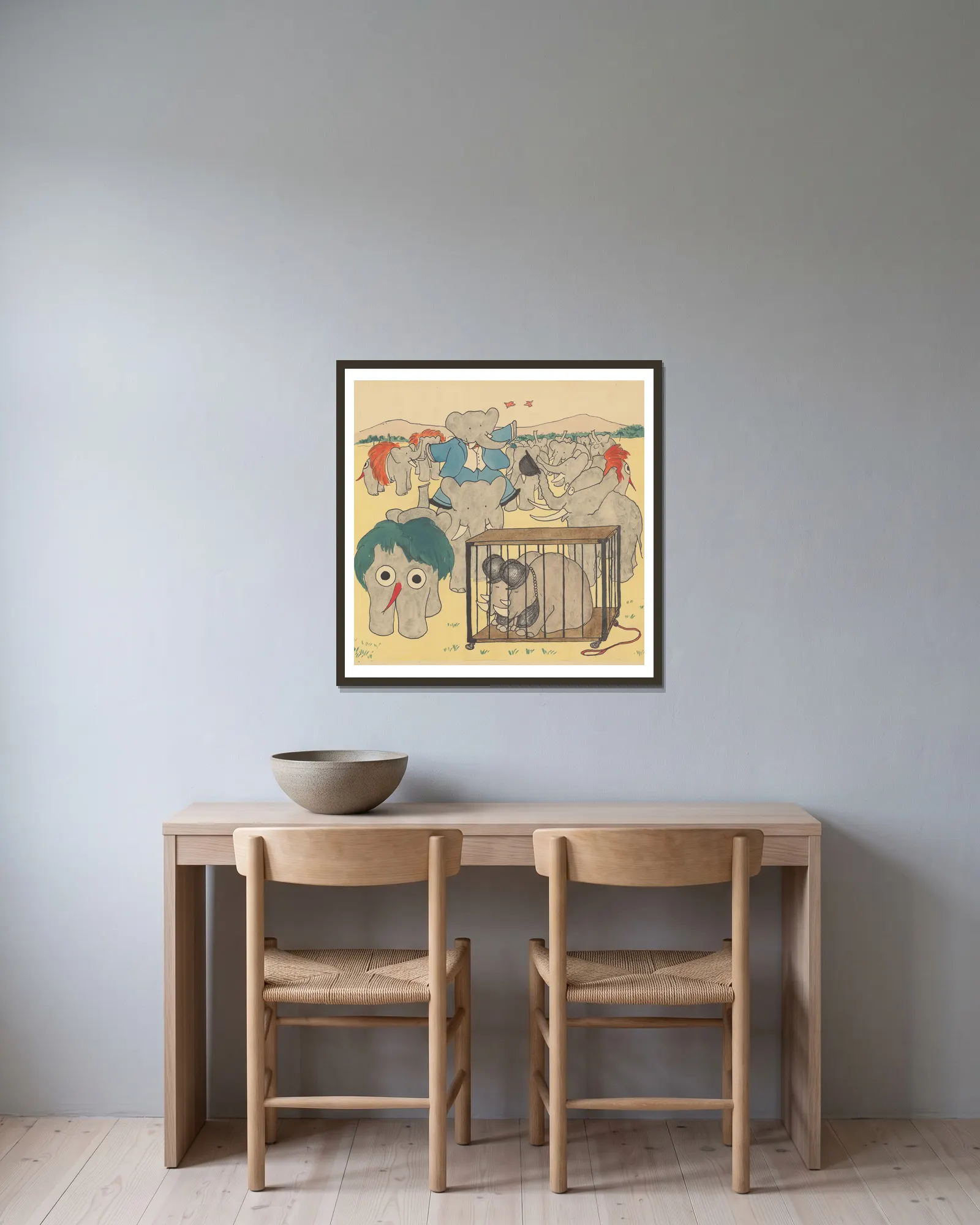 Le voyage de Babar Pl.21 av Jean de Brunhoff inramad på en vägg