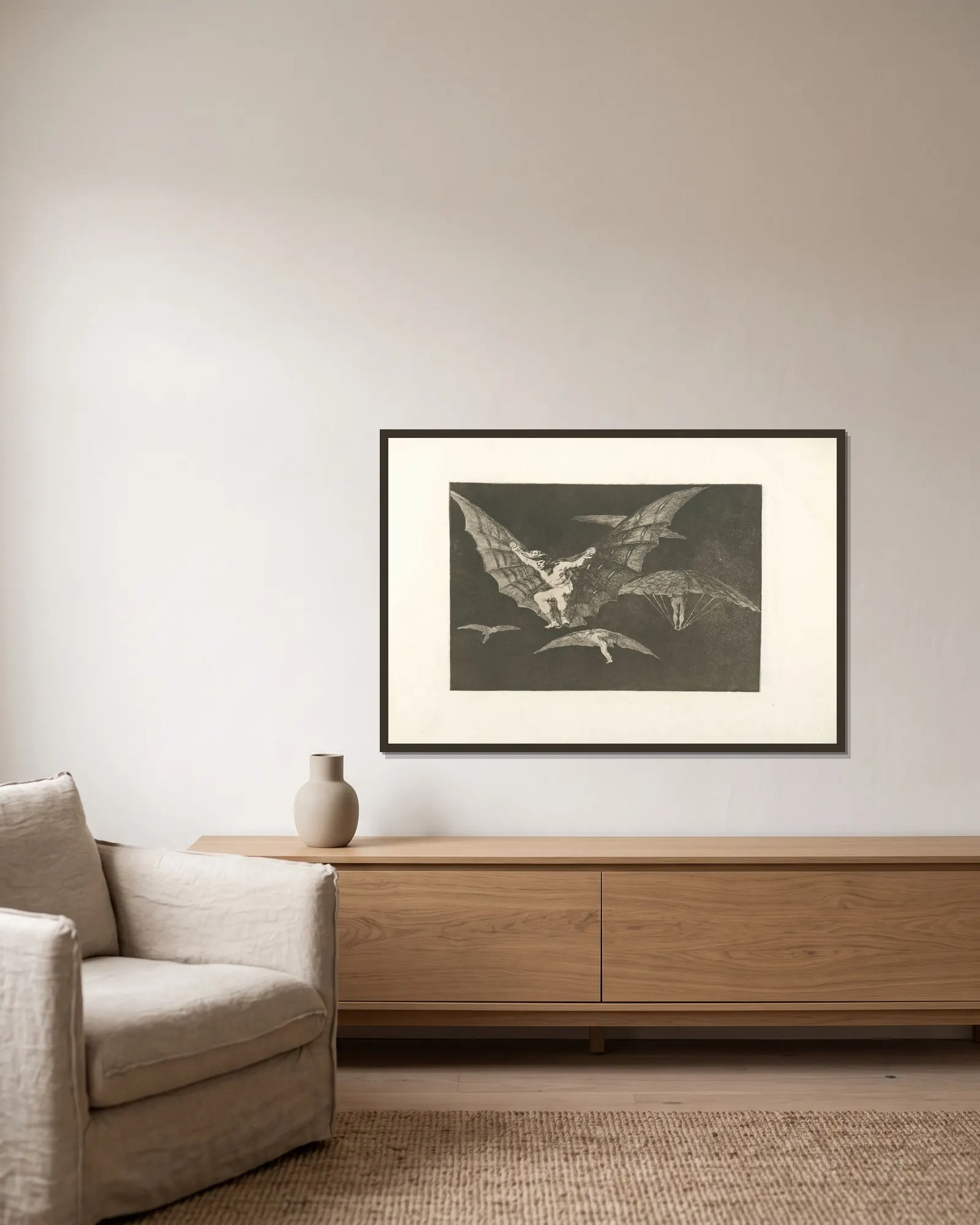 Modo de volar av Francisco de Goya inramad på en vägg