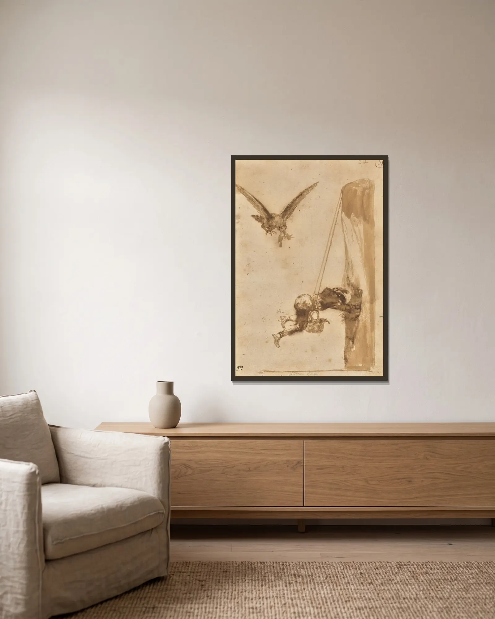The Eagle Hunter av Francisco de Goya inramad på en vägg
