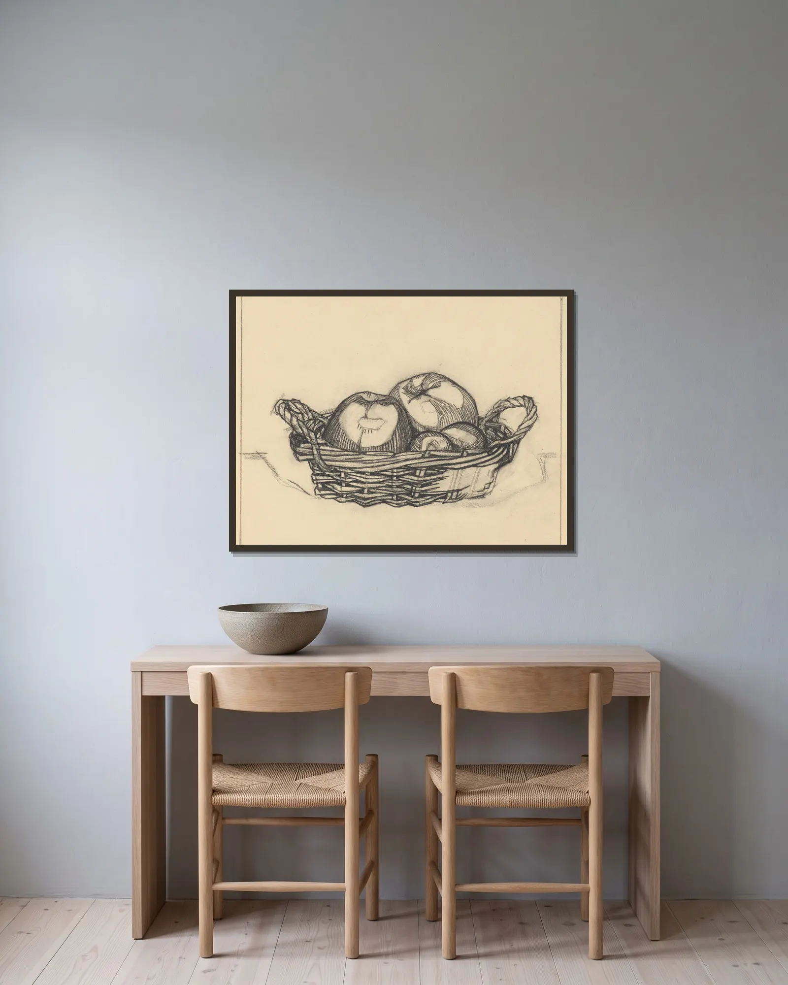 Basket with apples (20th century) av Julie de Graag inramad på en vägg