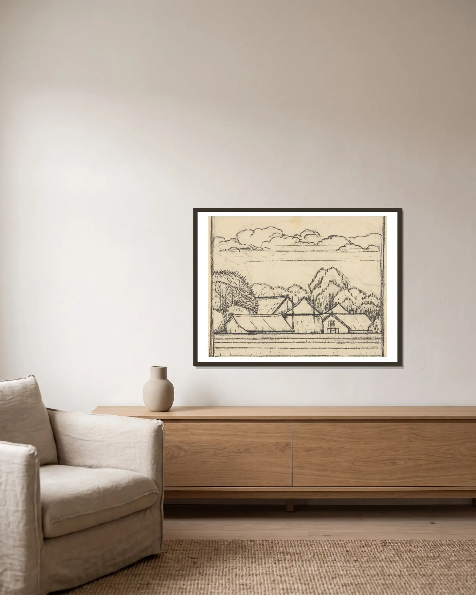 Landscape with farm (20th century) av Julie de Graag inramad på en vägg