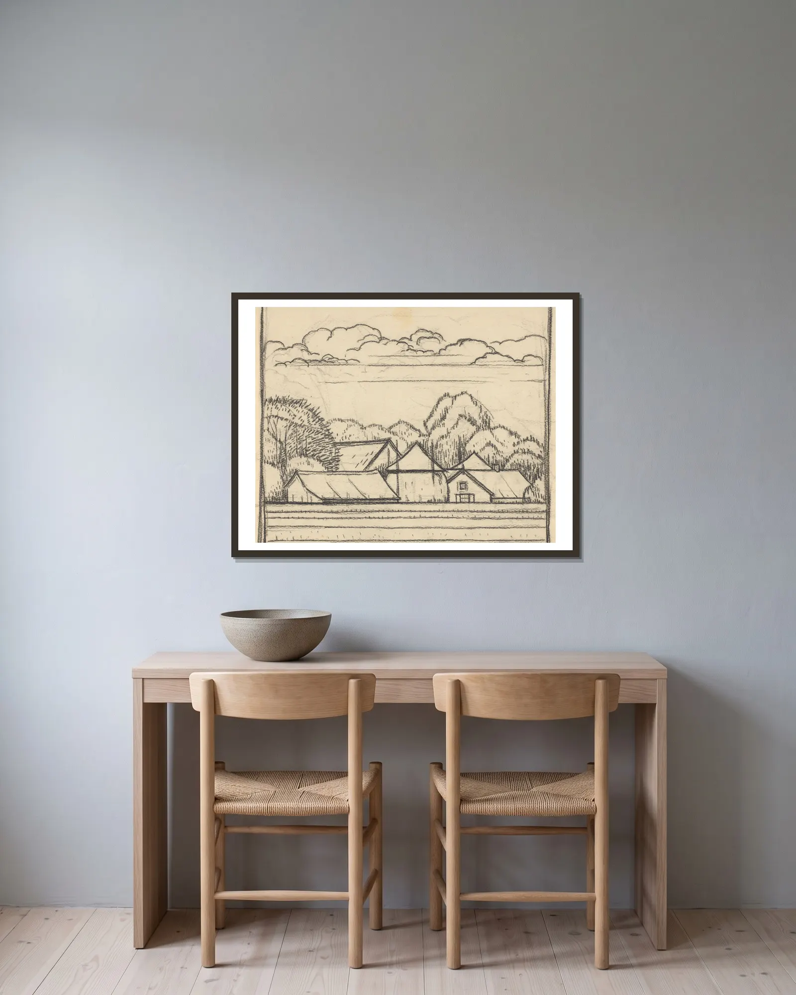 Landscape with farm (20th century) av Julie de Graag inramad på en vägg