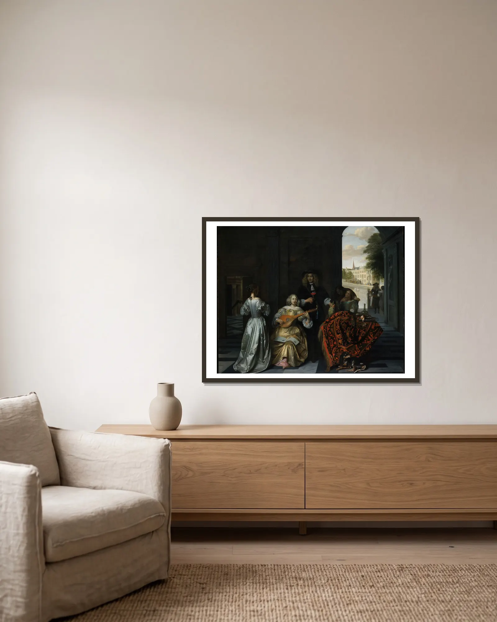 A Music Party av Pieter De Hooch inramad på en vägg