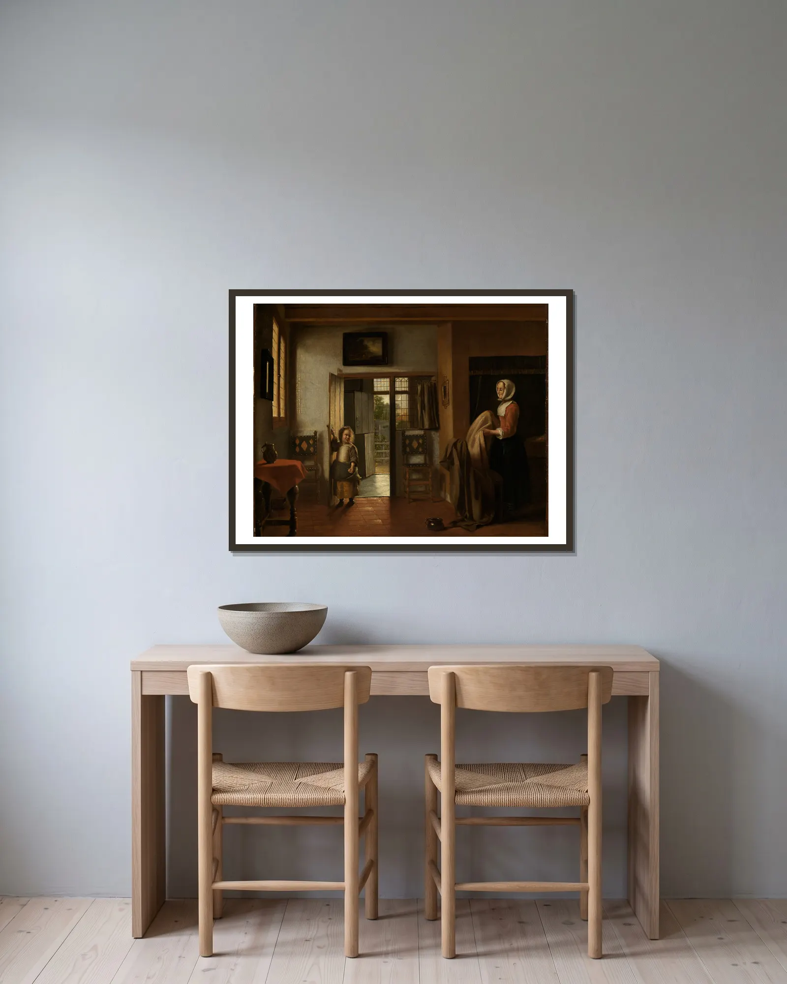 In the bedroom av Pieter De Hooch inramad på en vägg