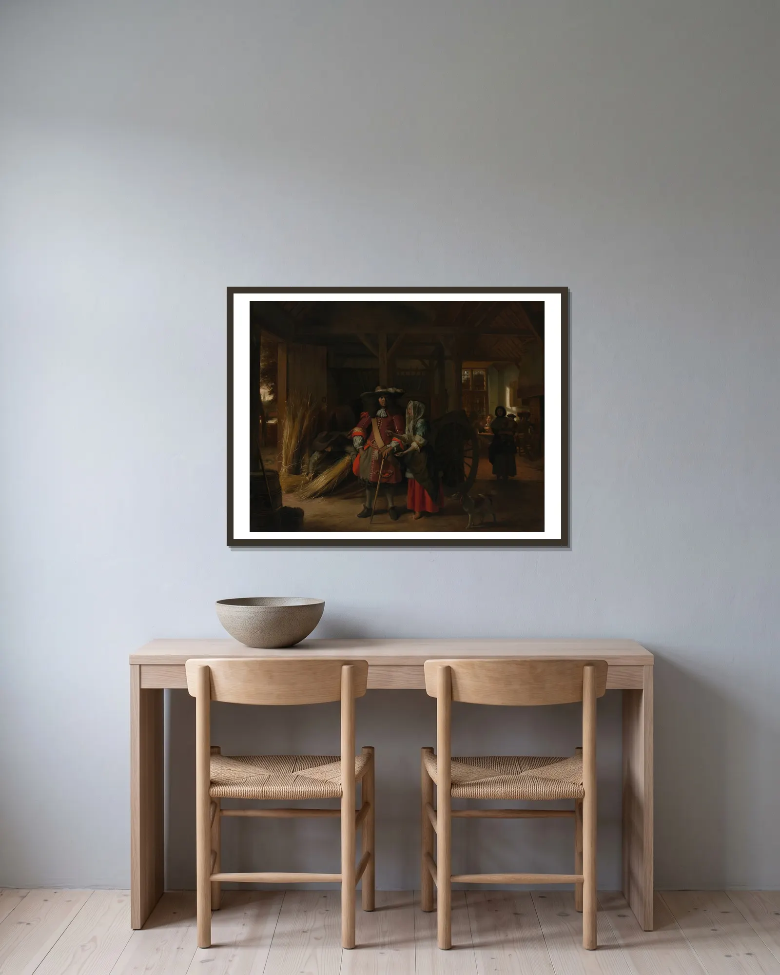 Paying the Hostess av Pieter De Hooch inramad på en vägg