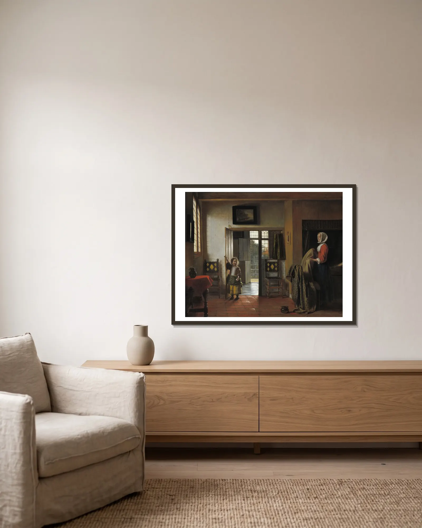 The Bedroom av Pieter De Hooch inramad på en vägg