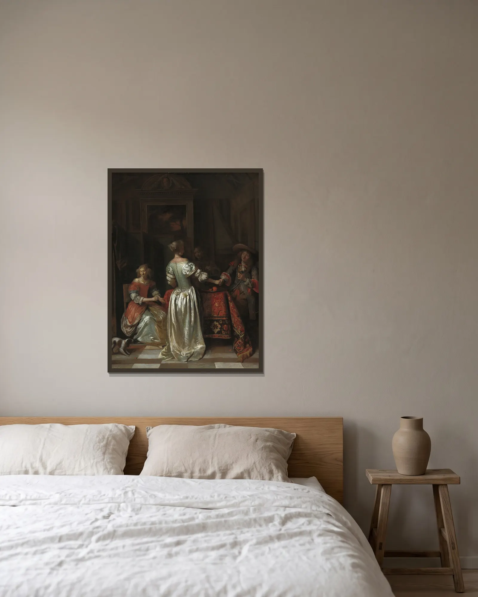 The Greeting av Pieter De Hooch inramad på en vägg
