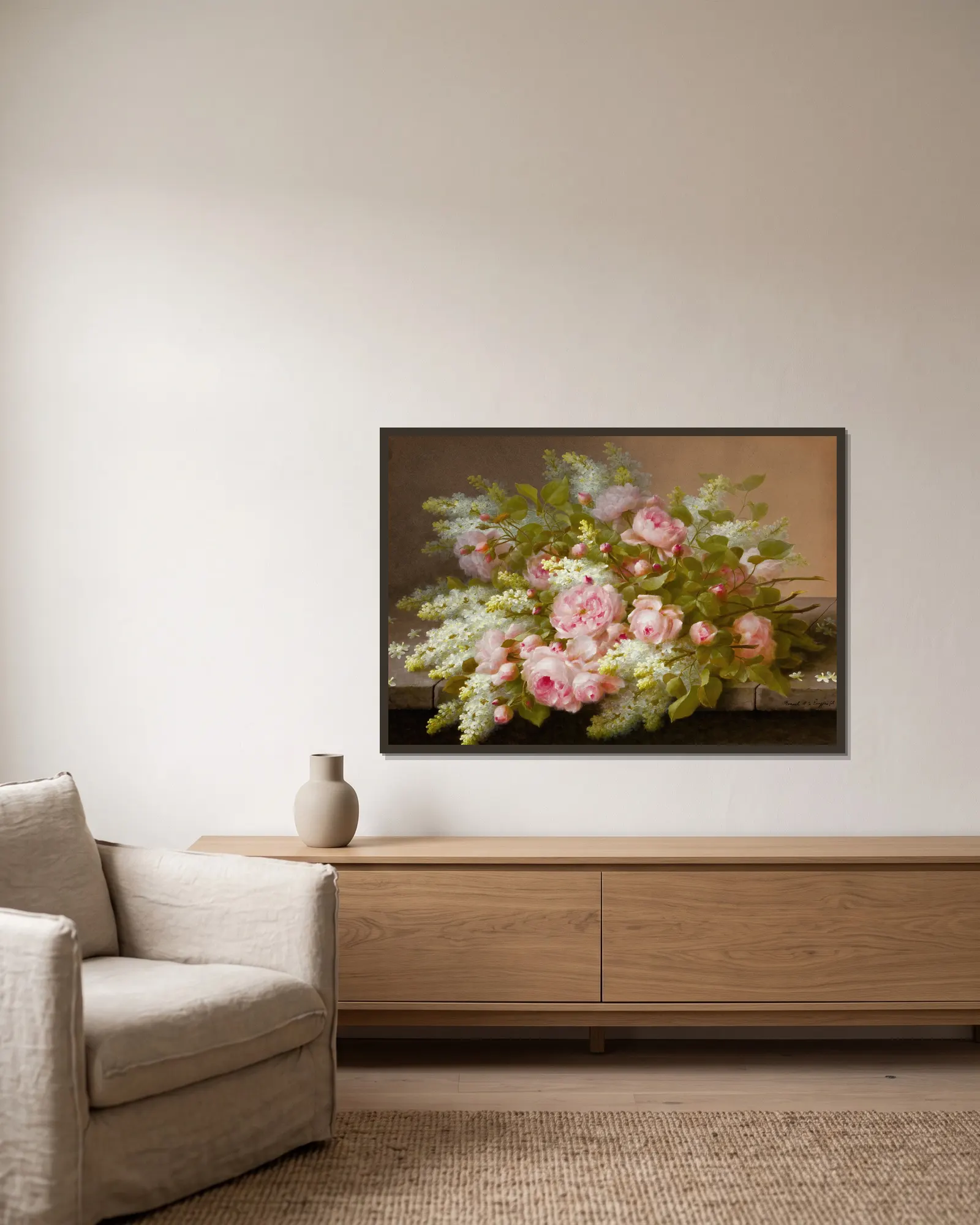 Floral Still Life av Raoul M. De Longpré inramad på en vägg