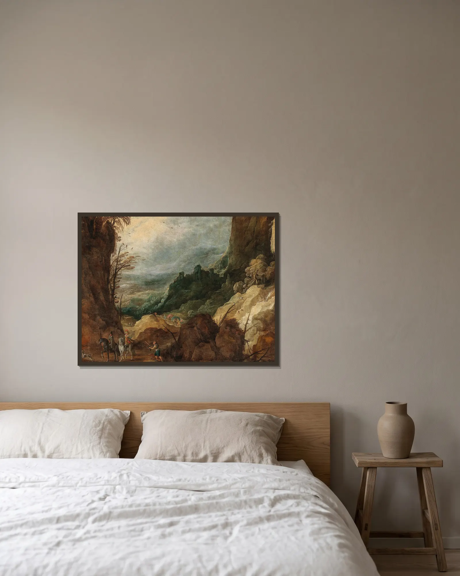 A mountainous landscape with travellers – nr 1 av Joos de Momper inramad på en vägg