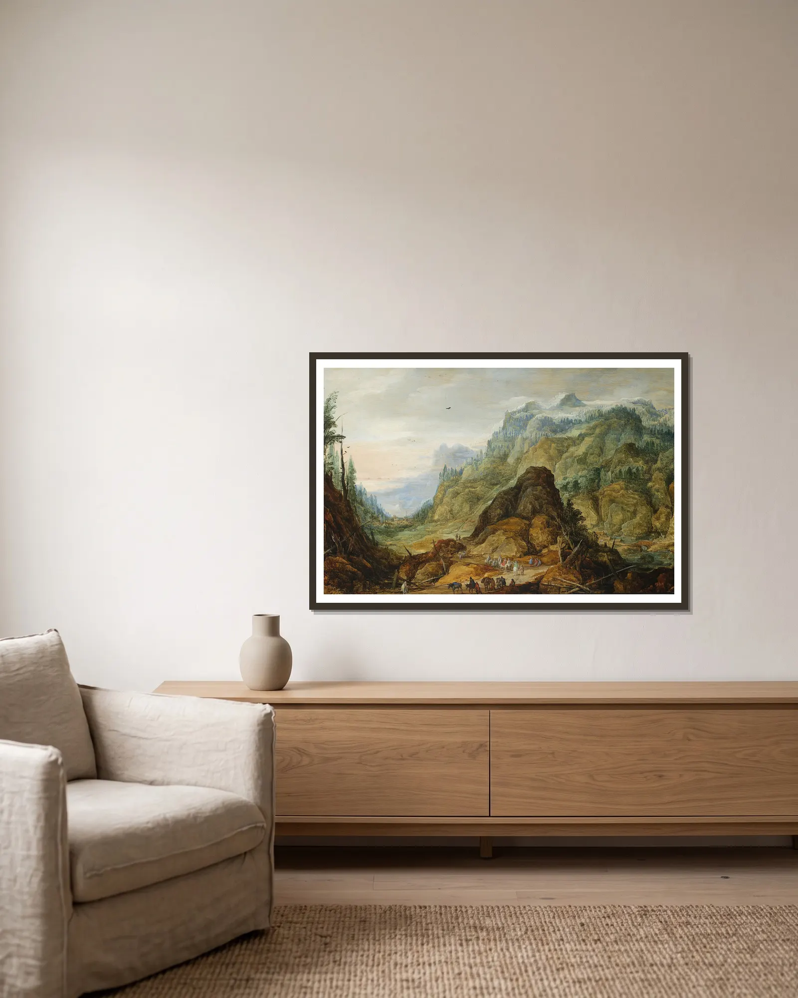 Mountain landscape with a caravan av Joos de Momper inramad på en vägg