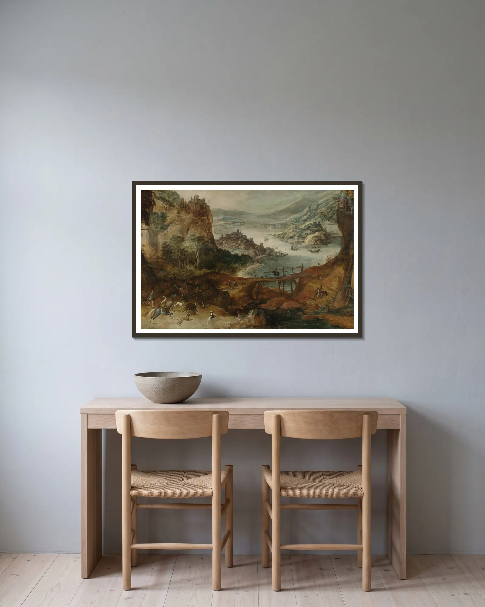 River Landscape with Boar Hunt av Joos de Momper inramad på en vägg