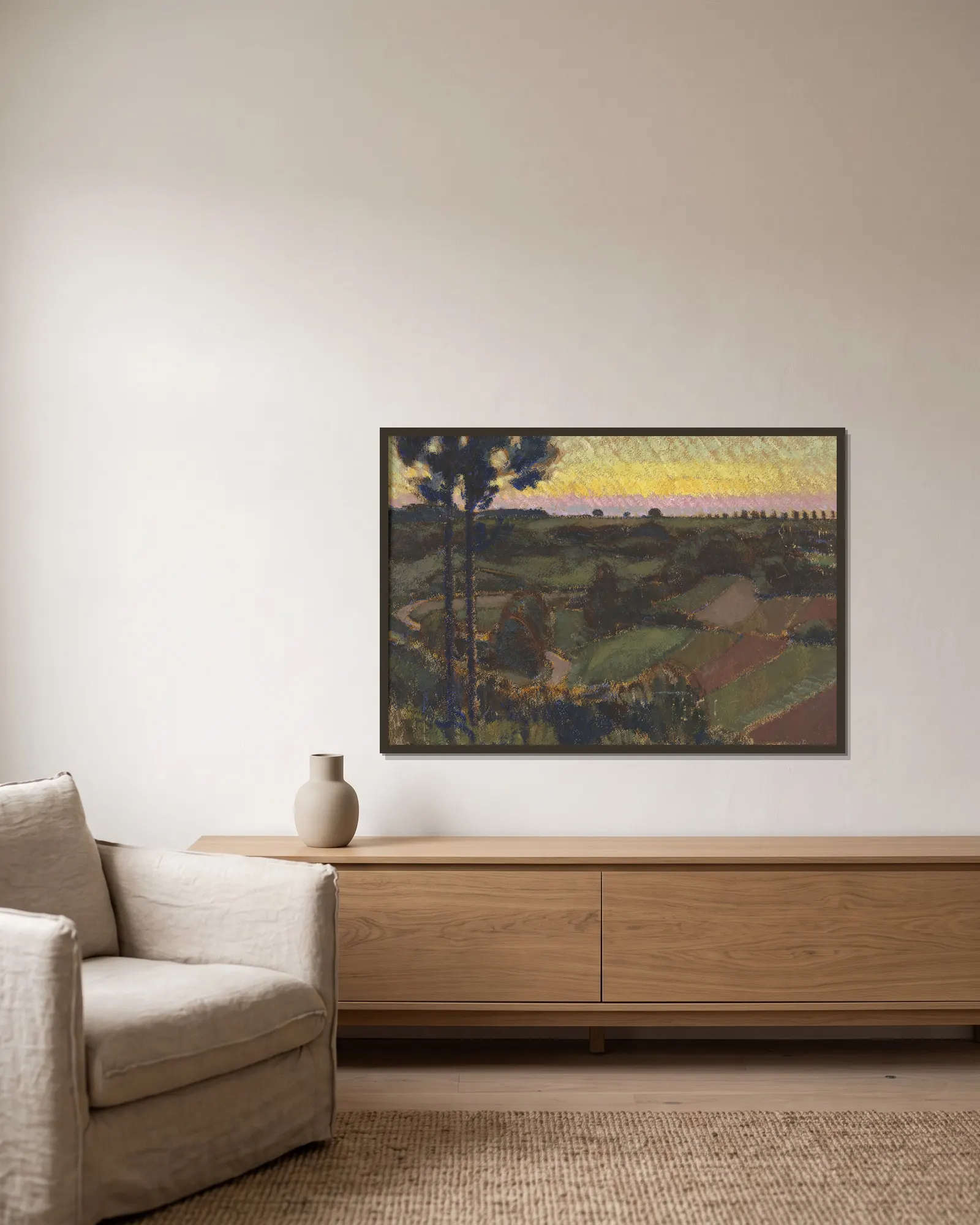 Environs de Némours, crépuscule av Bernard Boutet de Monvel inramad på en vägg
