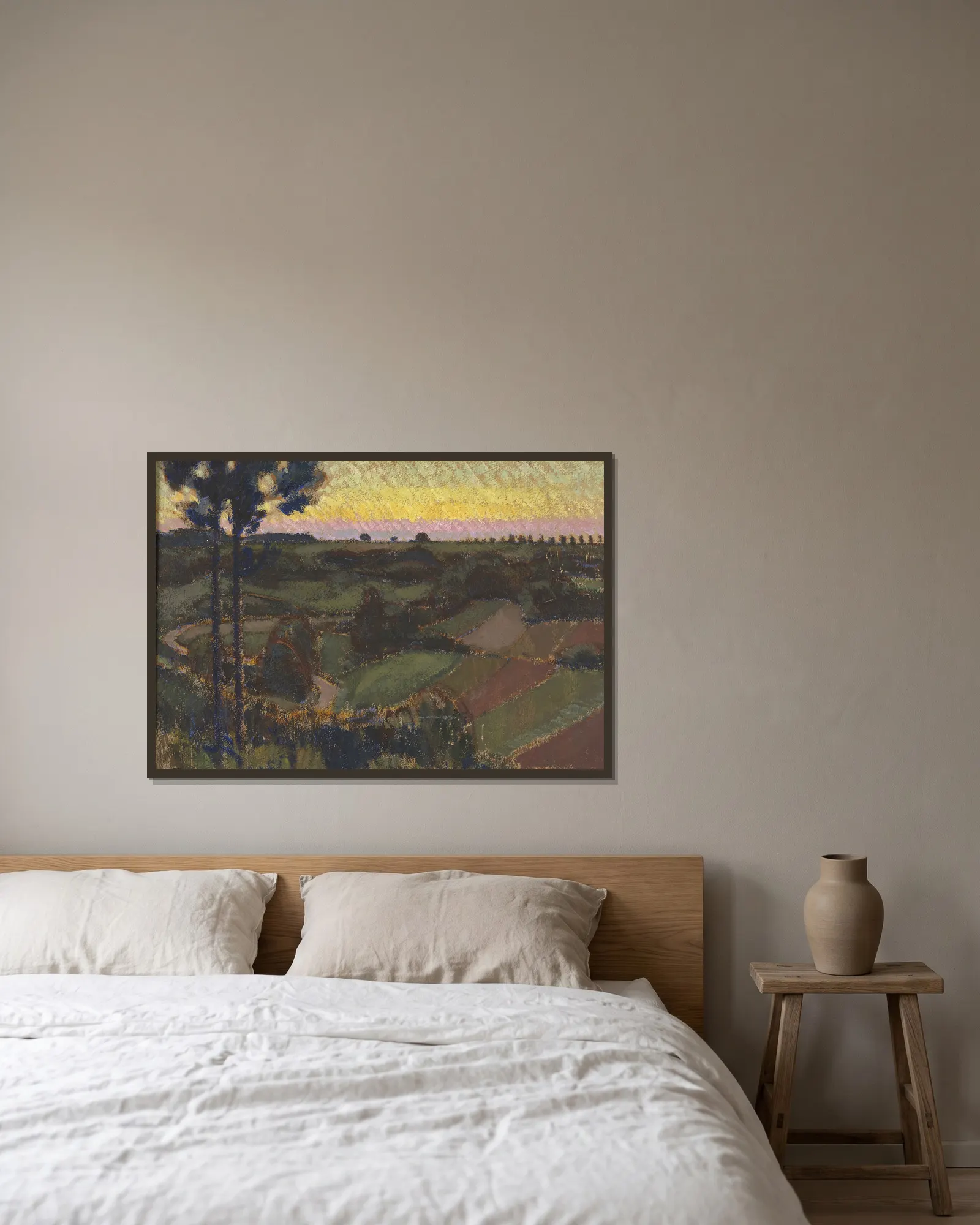 Environs de Némours, crépuscule av Bernard Boutet de Monvel inramad på en vägg